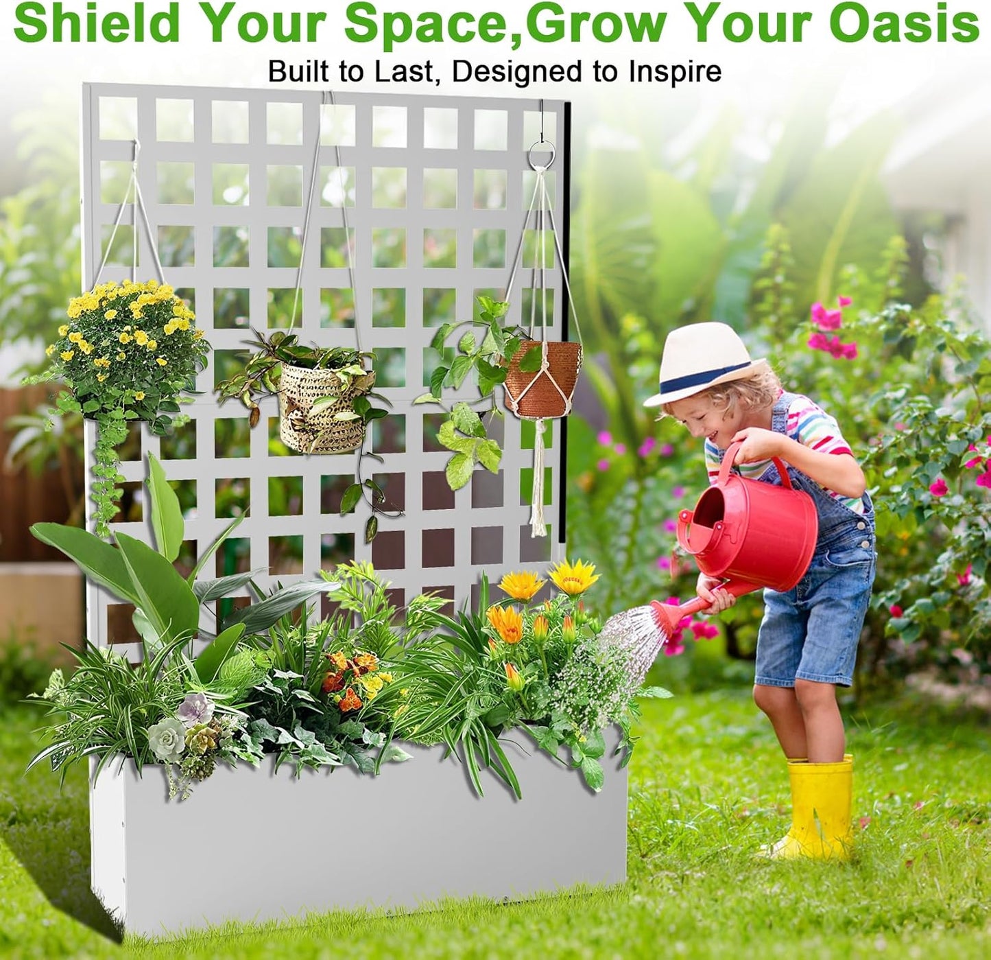 Metal Planter Box with Trellis, Outdoor Galvanized Raised Garden Bed with Privacy Screen & Drainage Holes & Lockable Casters for Climbing Plants, Vegetable