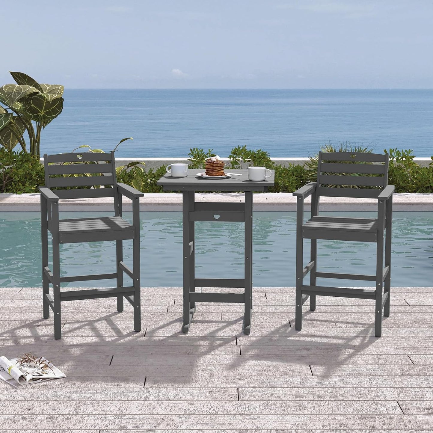 3-Piece HDPE Outdoor Bar, Outdoor Bar Stools and Outdoor Bar Table with Heart Cutout Design, All Weather Bistro Set Outdoor for Patio, Porch, Pool (Grey)