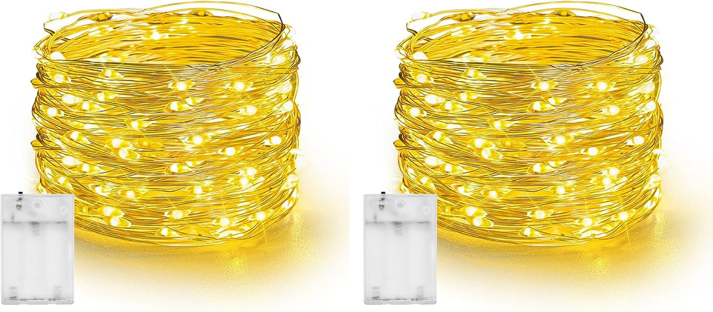 Dazzle Bright Fairy Lights Battery Operated, 2 Pack Total 40FT 120LED Silver Wire Waterproof String Lights, Christmas Decorations for Indoor Outdoor Bedroom Yard Party Decor, Warm White