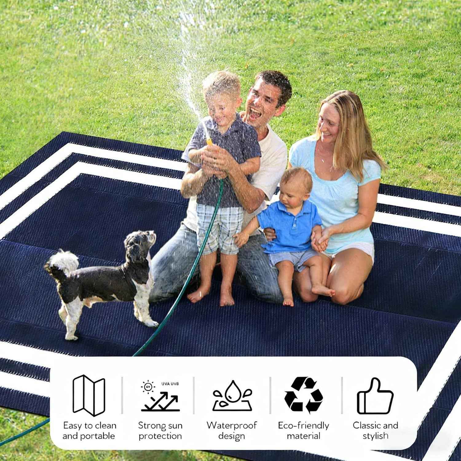 5'x 8' Outdoor Rug,Waterproof Reversible Patio Rugs,5x8 ft Plastic Straw Outdoor Carpet Foldable Plastic Camping Mat for Outside RV, Patio,Picnic,Camper,Balcony,Porch(Navy Blue &White)