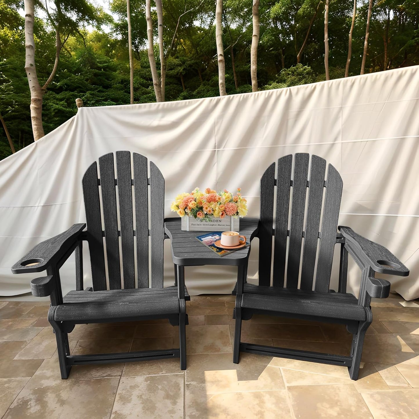 Adirondack Chairs Set of 2 Tool-Free Assembly,Removable Tabletop Tray,No Screws Needed,All-Weather HDPE Outdoor Patio Furniture Set with Cup Holders,Outdoor Lawn Chair for Patio Garden(Classic Black)
