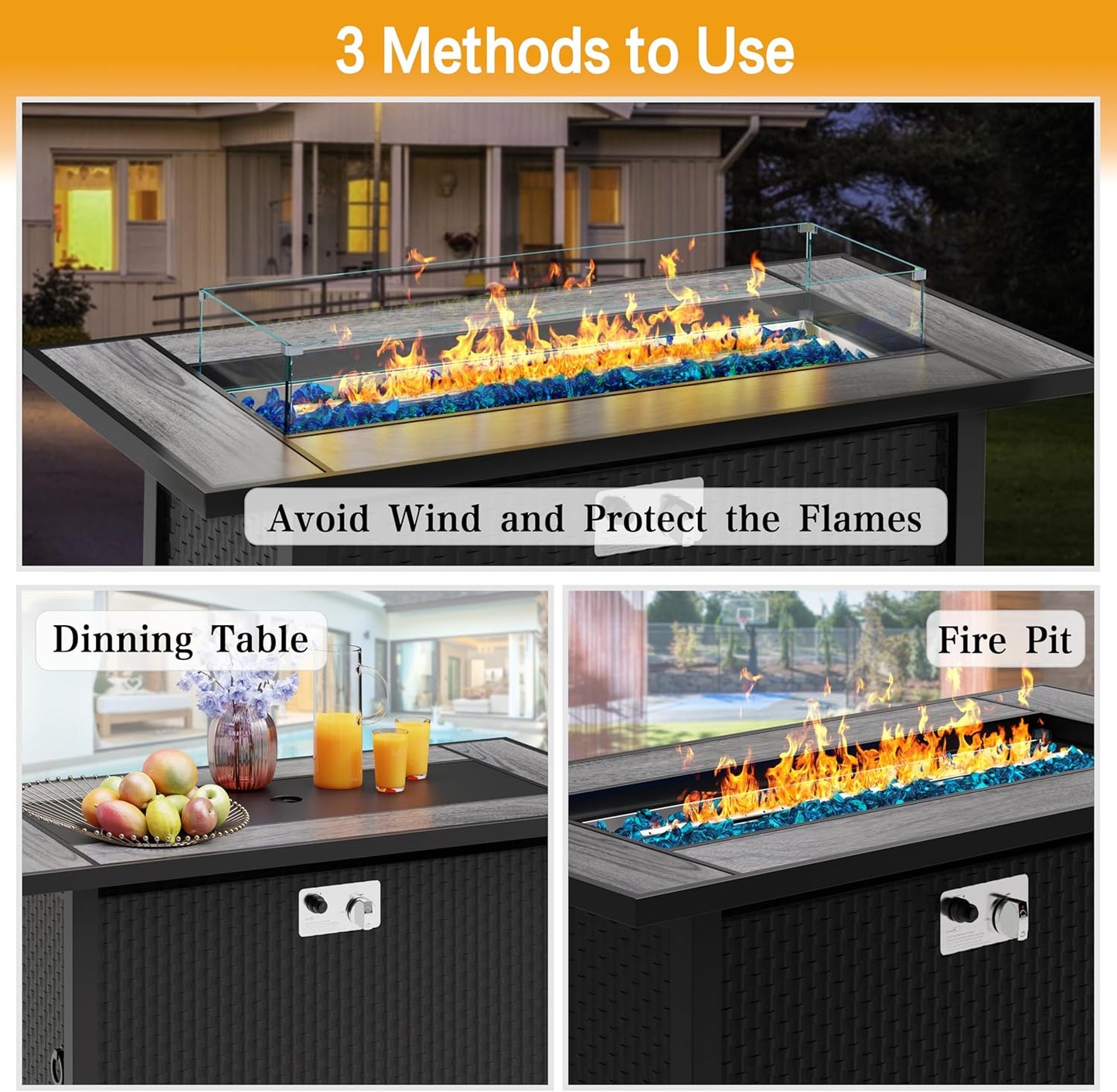 Meilocar 45in Fire Table, Propane Fire Pit with Glass Wind Guard and Rain Cover, Outdoor Firepit Table 50000 BTU 3-in-1 Fire Table for Patio/Yard/Balcony, Gray Tabletop