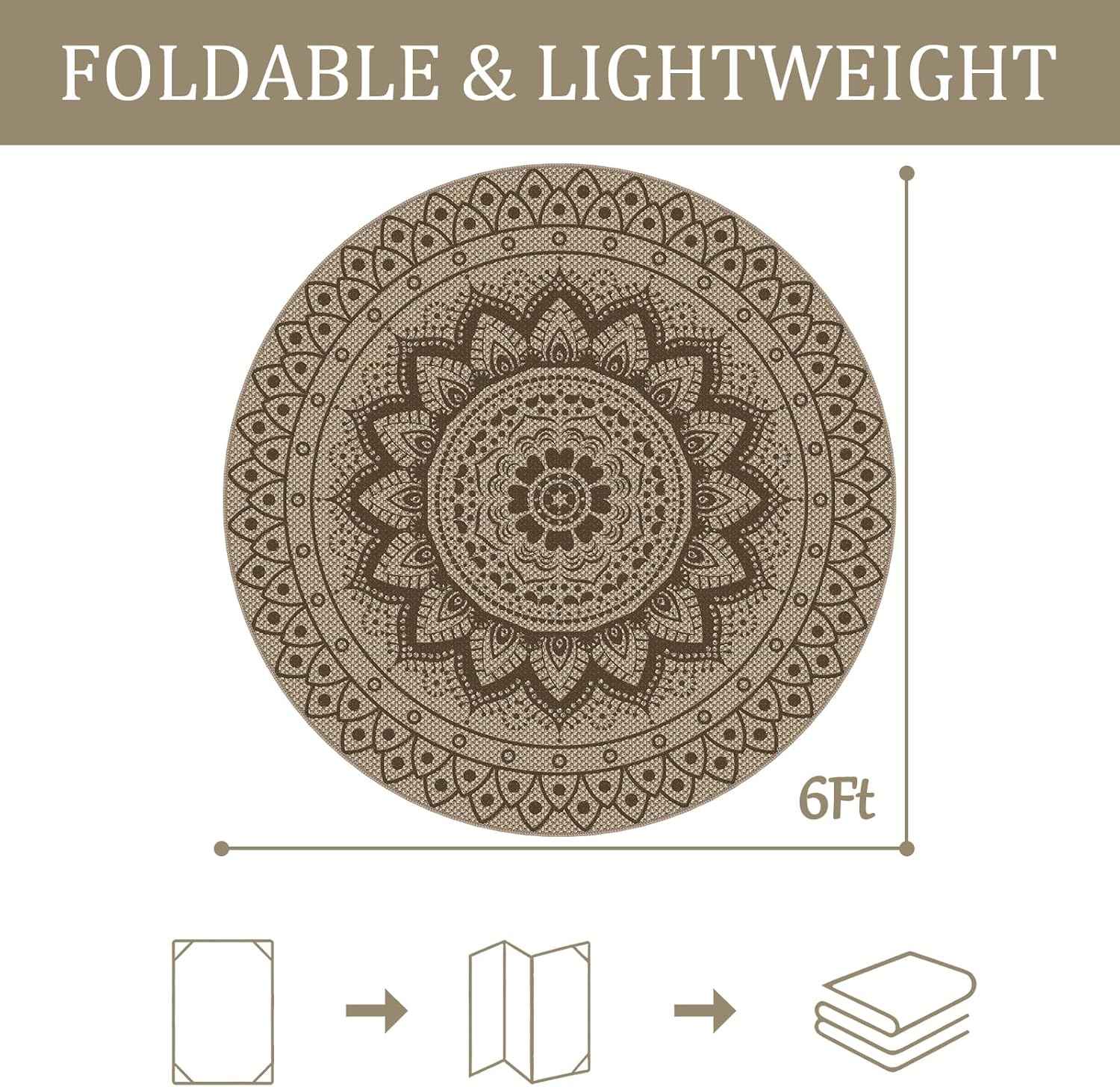 Easy Jute Outdoor Round Rug, 6ft Washable Indoor Outdoor Patio Rug, Brown Non Slip Round Area Rug Farmhouse, Boho Carpet for Backyard Patio