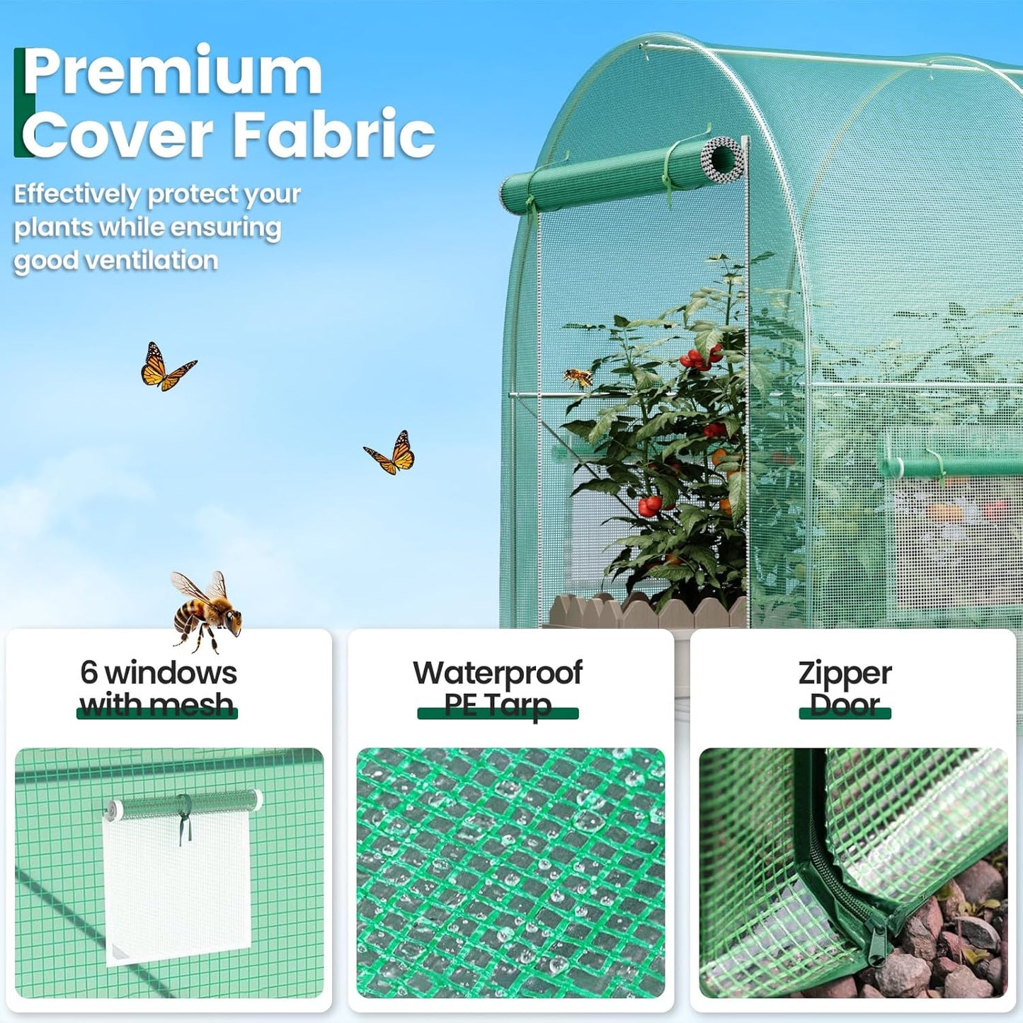 Walk-in Greenhouse 13×8×7FT, Outdoor Tunnel Greenhouse, Large Plant Hoop House for Outside, Hot House for Winter with 6 Ventilated Mesh Windows, Galvanized Steel Frame (Green, 13×8×7FT)