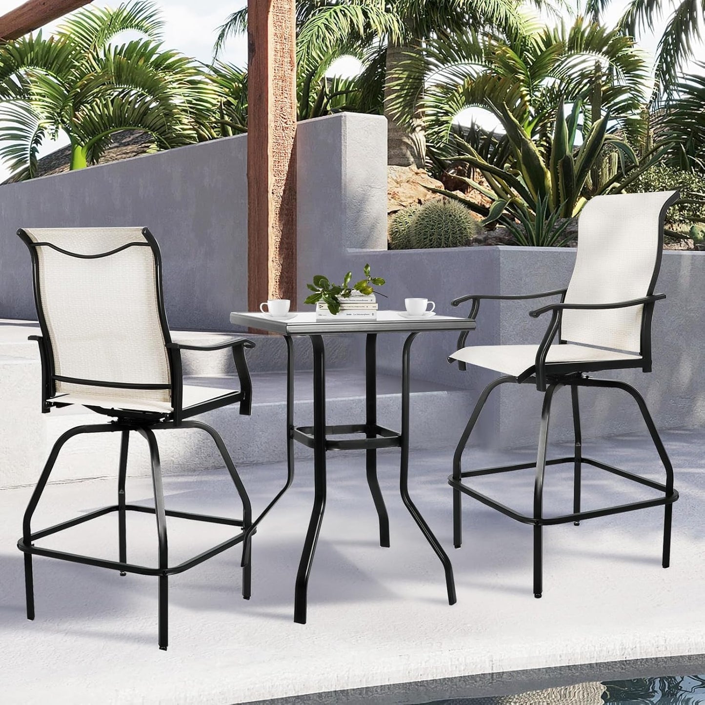 LEVELEVE Patio Bar Set 3pcs Swivel Bar Stools Outdoor Bistro Textilene Furniture Stability All-Weather Set with Height Table (3, Beige Fabric)