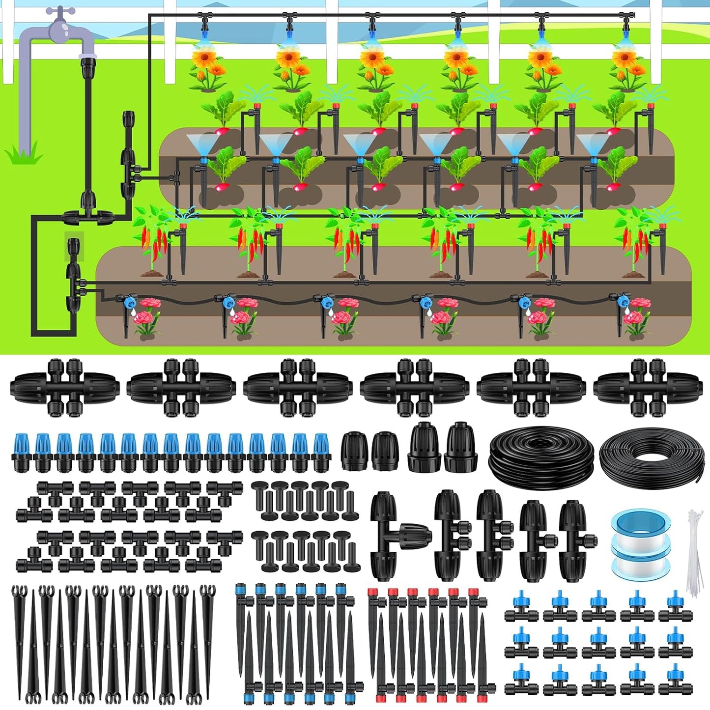 Pawfly 250 ft Drip Irrigation System, Quick-Connect Drip Irrigation Kit with 50ft 1/2" & 200ft 1/4" Tubing and Accessories, Garden Watering System for Greenhouse,Yards,Lawn,Raised Bed