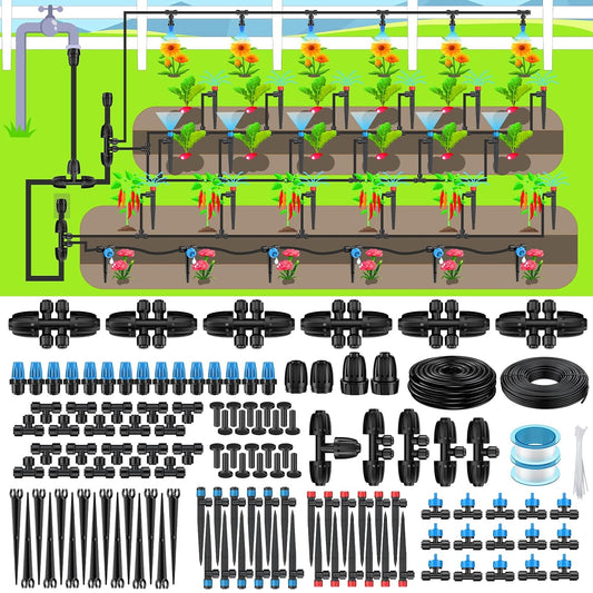 Pawfly 250 ft Drip Irrigation System, Quick-Connect Drip Irrigation Kit with 50ft 1/2" & 200ft 1/4" Tubing and Accessories, Garden Watering System for Greenhouse,Yards,Lawn,Raised Bed