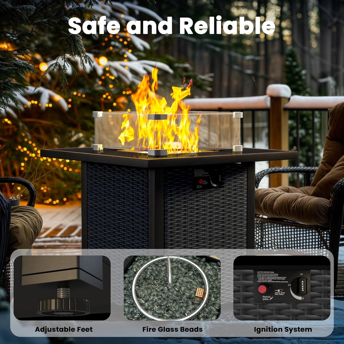 Propane Fire Pit Table, Outdoor Fire Pit Table, 28" Rattan Square Outdoor Gas FirePit with Glass Wind Guard, Tempered Glass Tabletop, Lid, CSA Listed, 50,000 BTU, Outside Patio Deck & Garden, Black
