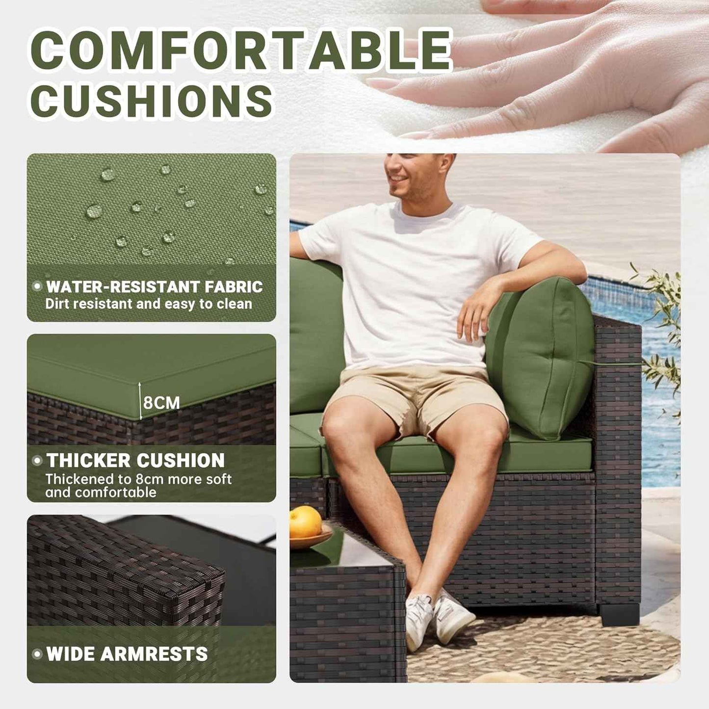 LEVELEVE 7-Piece Outdoor Patio Furniture Sets, Manual Weaving Rattan Conversation Sectional Sofa with Tempered Glass Coffee Table, All-Weather PE Wicker & Thick Cushions for Garden, Backyard, Porch
