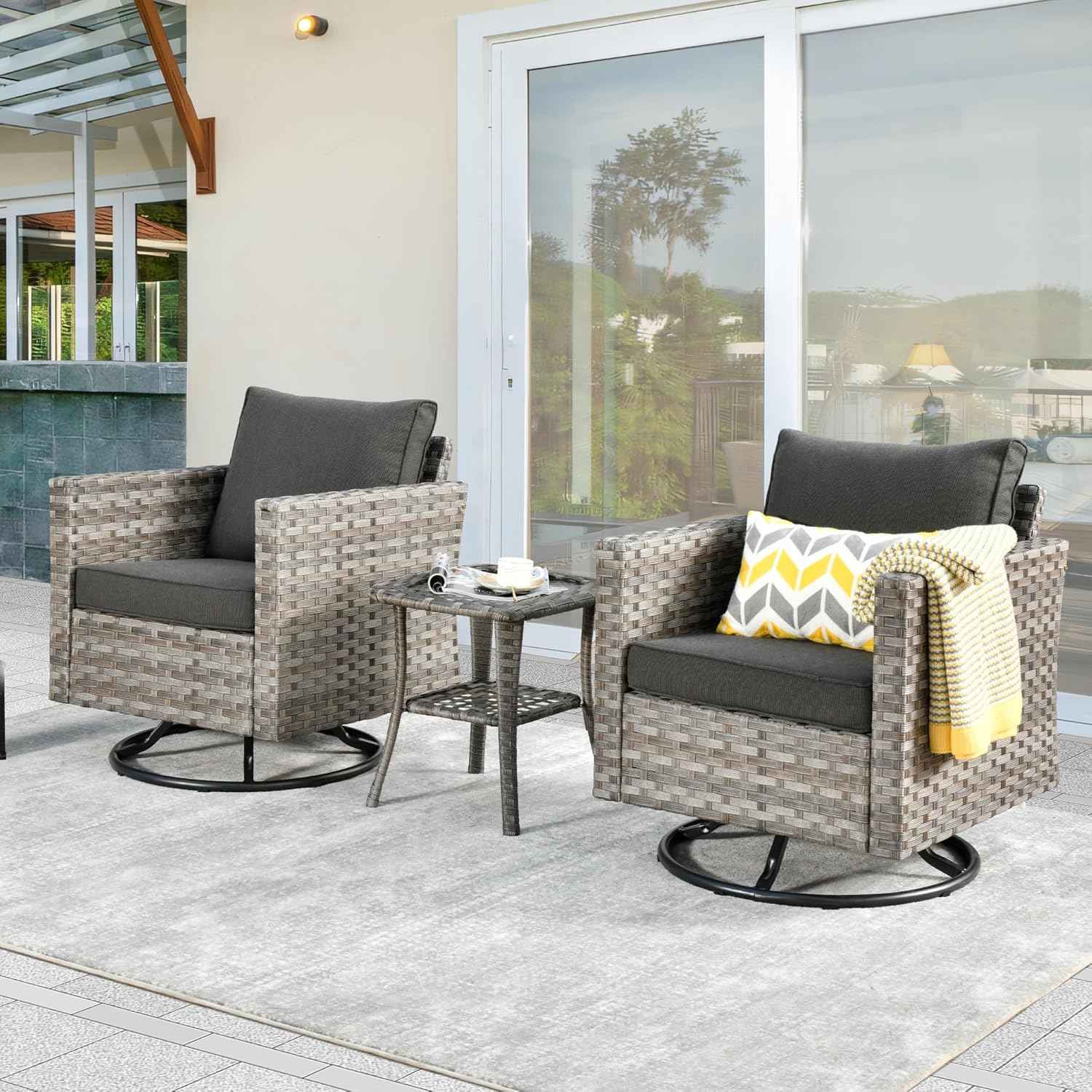 Patio Swivel Rocking Chair Set of 2 with Coffee Table,Comfortable Outdoor Wicker Glider Chair with Deep Seat, Porch Rocker Chair for Balcony Garden Backyard (Black)