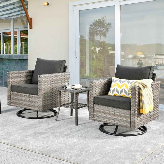 Patio Swivel Rocking Chair Set of 2 with Coffee Table,Comfortable Outdoor Wicker Glider Chair with Deep Seat, Porch Rocker Chair for Balcony Garden Backyard (Black)