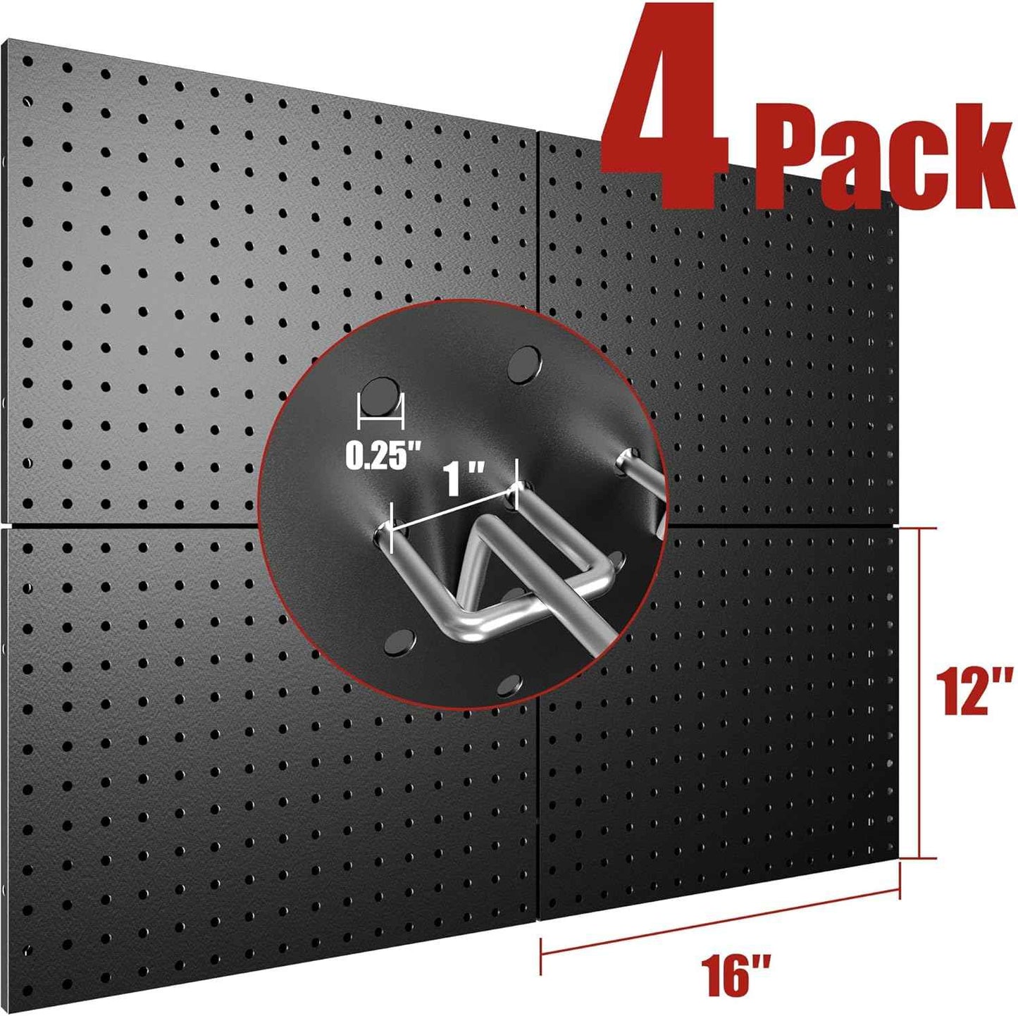 4 Pack Metal Pegboard Panels with 50 Hooks, Black Pegboard Wall Organizer, Pegboard Accessories, Heavy Duty Garage Tool Storage System for Workbench, Workshop, Office, Craft Room