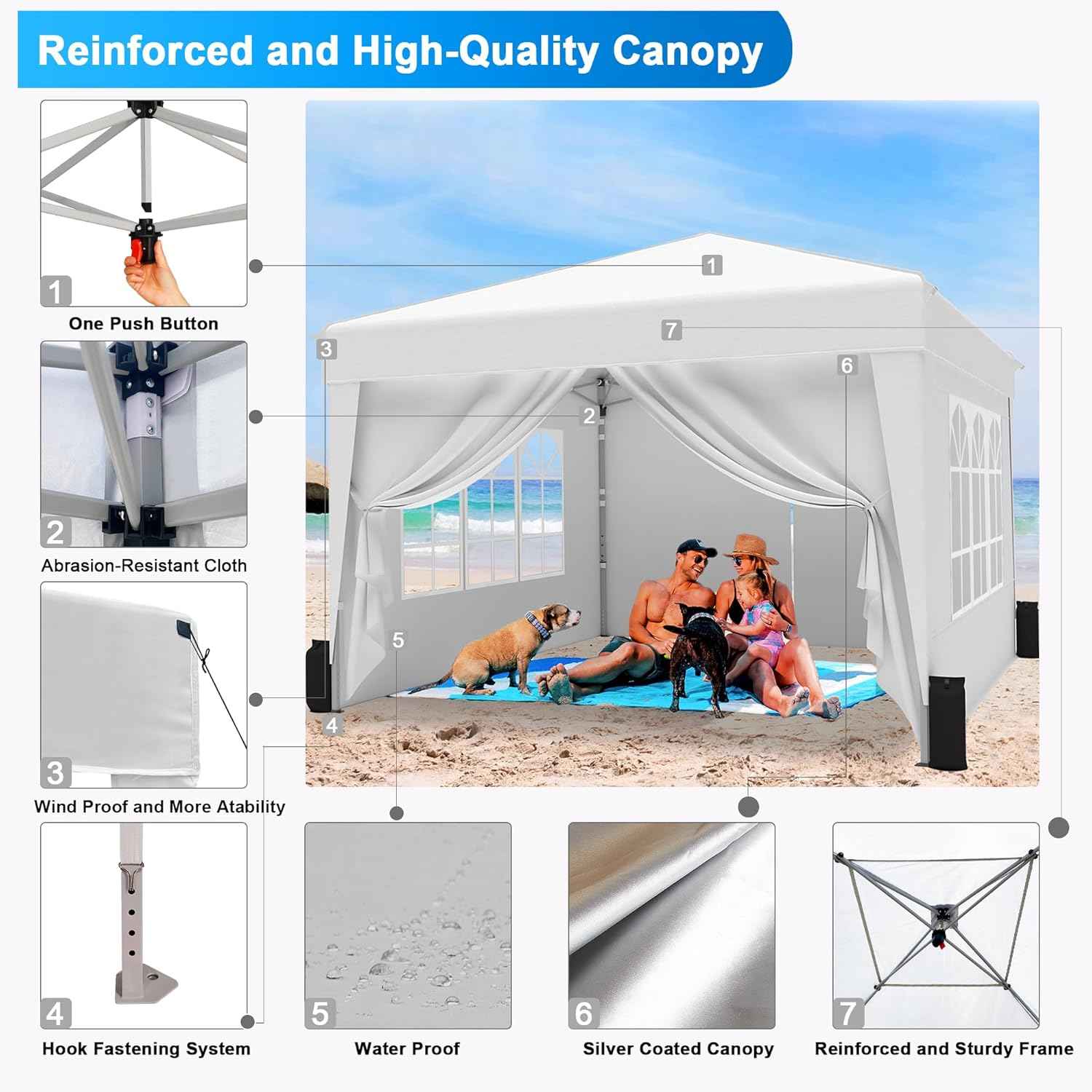 SANWAY 10x10 Pop Up Canopy Tent with Sidewalls x 4 – Easy Setup Canopy Tent, Waterproof, UV-Resistant, Portable with Carry Bag for Outdoor Events, Camping, and Backyard Parties – White