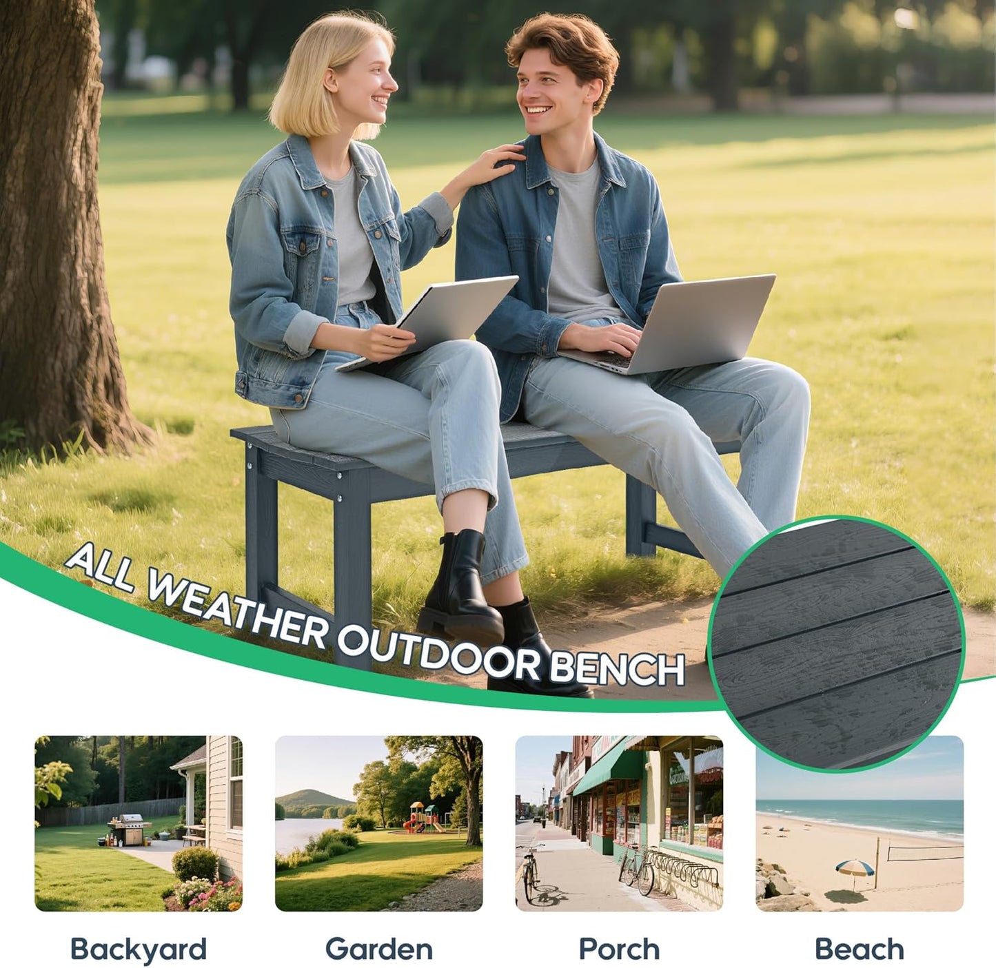 Weatherproof HIPS Outdoor Bench, 2-Person Patio Dining Bench, All-Weather Poly Lumber Garden Bench, Never Rot or Fade, Park Bench with Wood Grains for Porch, Garden, Deck, Entryway, Grey
