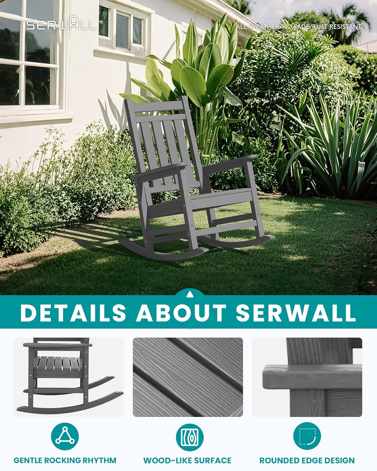 SERWALL Oversized Outdoor Rocking Chair Set of 4, HDPE Rocker for Adults, Patio Rocking Chairs for Porch, Grey