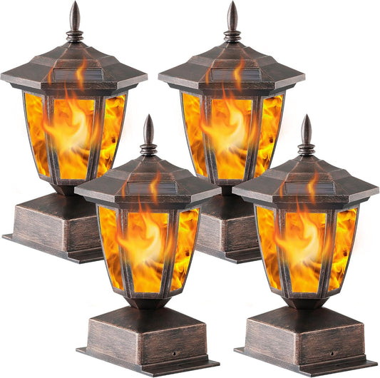 Dynaming 4 Pack Solar Flame Post Lights Outdoor, Solar Powered Lamps Fence Post Cap Lights, Flickering Flame LED Lantern Waterproof for Garden Deck Patio, Fit 4x4, 5x5 or 6x6 Wooden Posts, Bronze