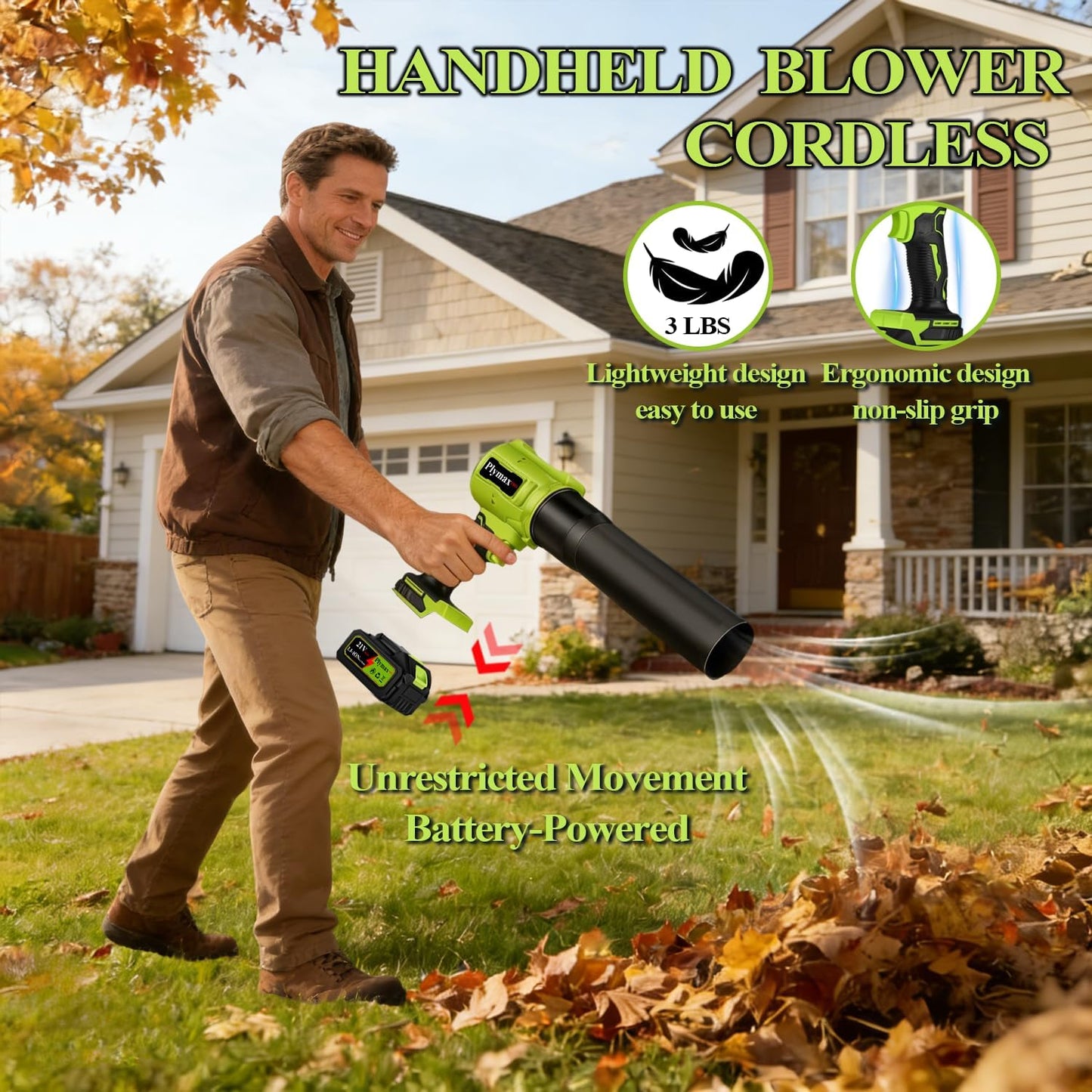 Cordless Leaf Blower, 800,000 RPM Electric Leaf Blower, Handheld Leaf Blower Cordless with 2×4.0Ah Batteries & Charger,Air Blower with 2-Speed Nozzles for Patio,Lawn Care,Dust,Snow & Car Drying
