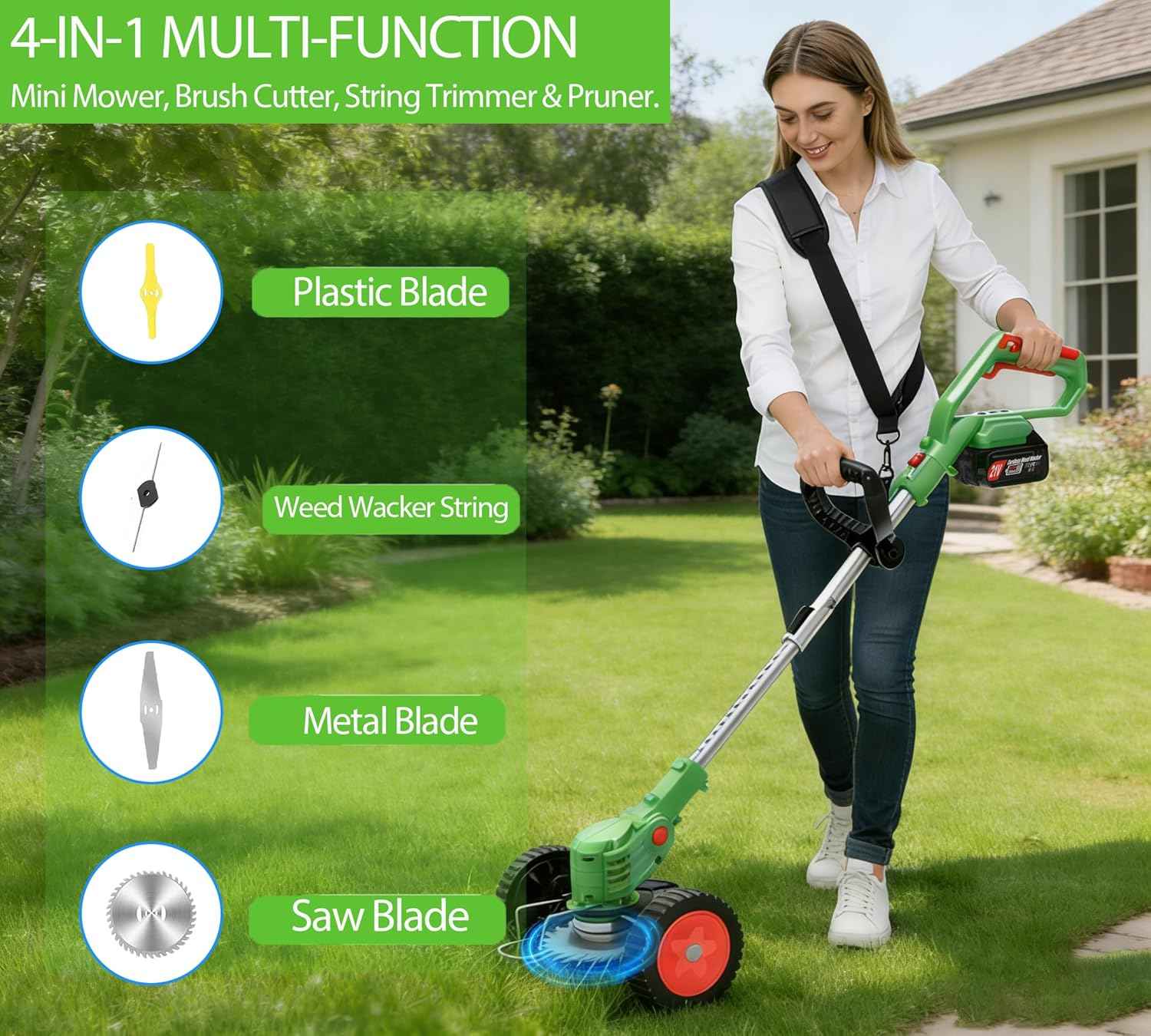 Cordless Weed Wacker Eater Electric Battery Powered, 21V Lightweight Weed Trimmer Edger Lawn Tool with 2Pcs 2000mAh Battery, 3 in 1 Stringless Grass Trimmer/Edger/Brush Cutter for Garden Yard Lawn