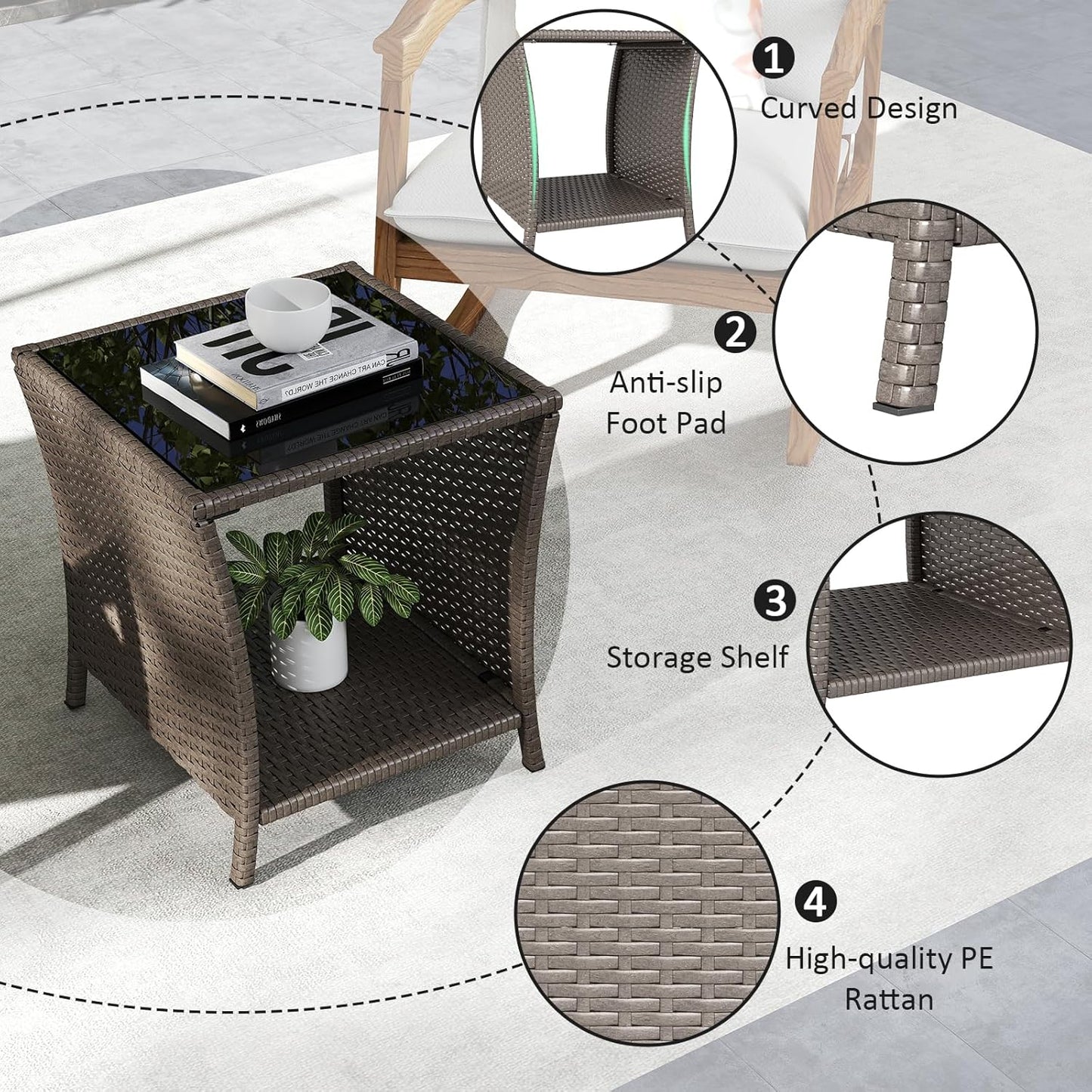 Outdoor Small Patio Table - PE Rattan Coffee Table, Wicker Side Table for Patio, Balcony & Porch, Durable & Iron Frame (1, Sesame)