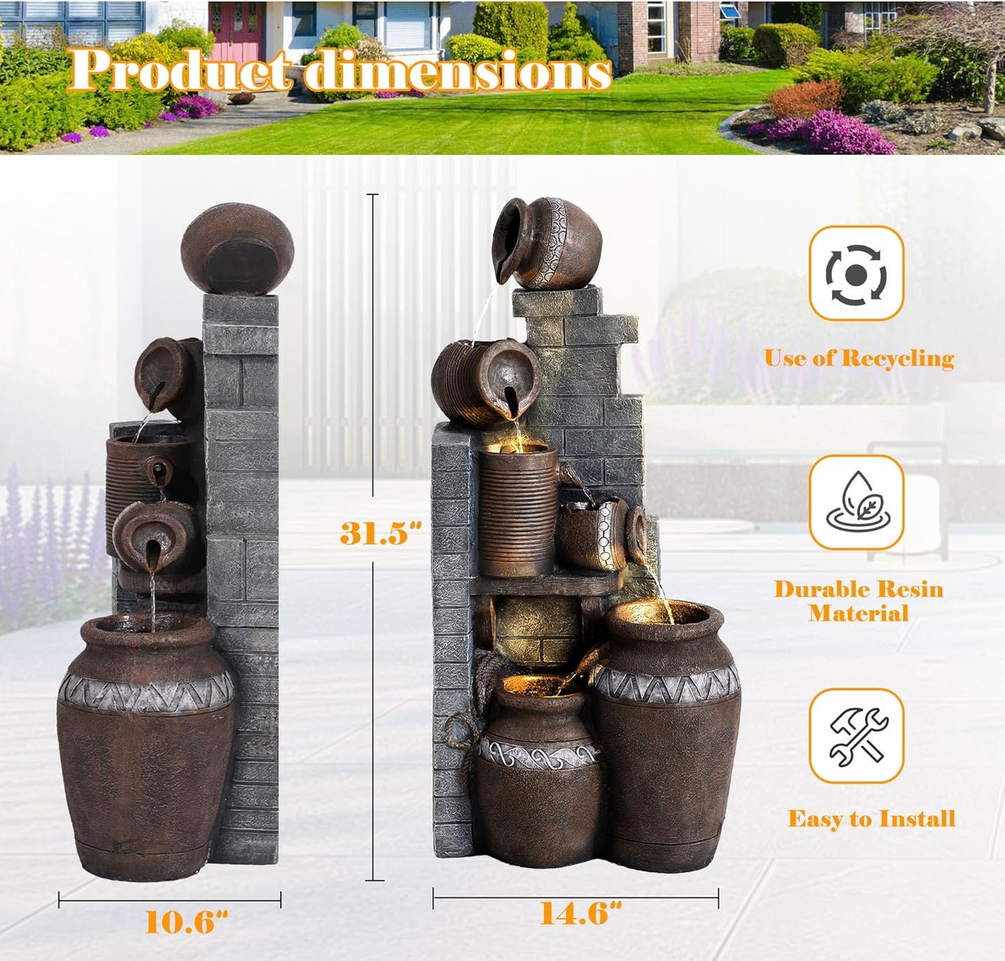 Outdoor Water Fountain 31.5" H Floor-Standing Cascading Garden Fountains, 6-Tiers Indoor/Outdoor Water Fountain with LED Lights for Garden Patio Backyard and Home (14.6"L x 10.6"W x 31.5"H)