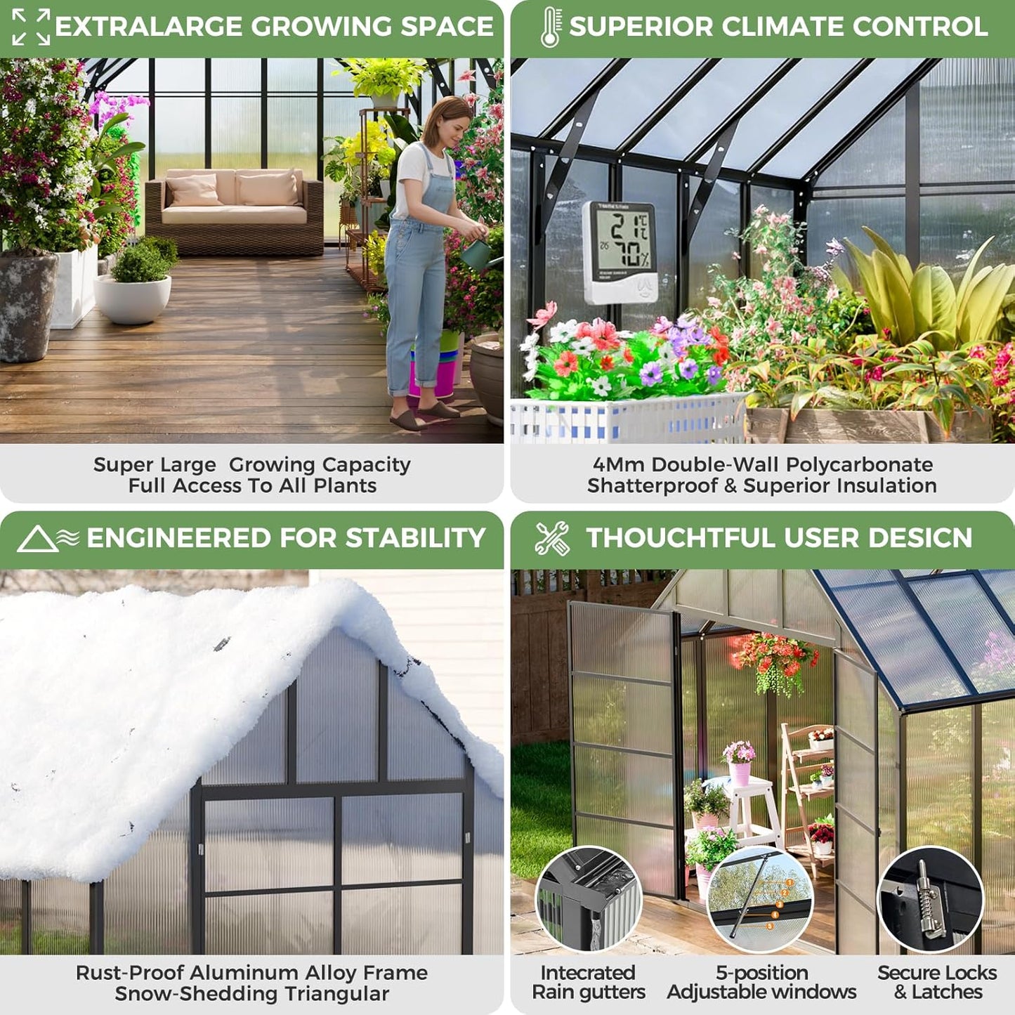 WACASA 28x10x10 FT Greenhouse for Outdoors, Thickened Aluminum Polycarbonate Greenhouse Kit with 6 Vent Windows, Swing Door, Easy Assembly Walk-in Greenhouse for Patio and Backyard