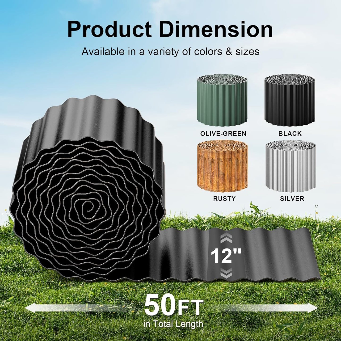 Land Guard Corrugated Garden Edging Border, 12" × 50' Landscape Paver Edging, Tall Landscape Edging, Fence for Garden, Flower Bed, Lawn and Landscape Edging (Black)