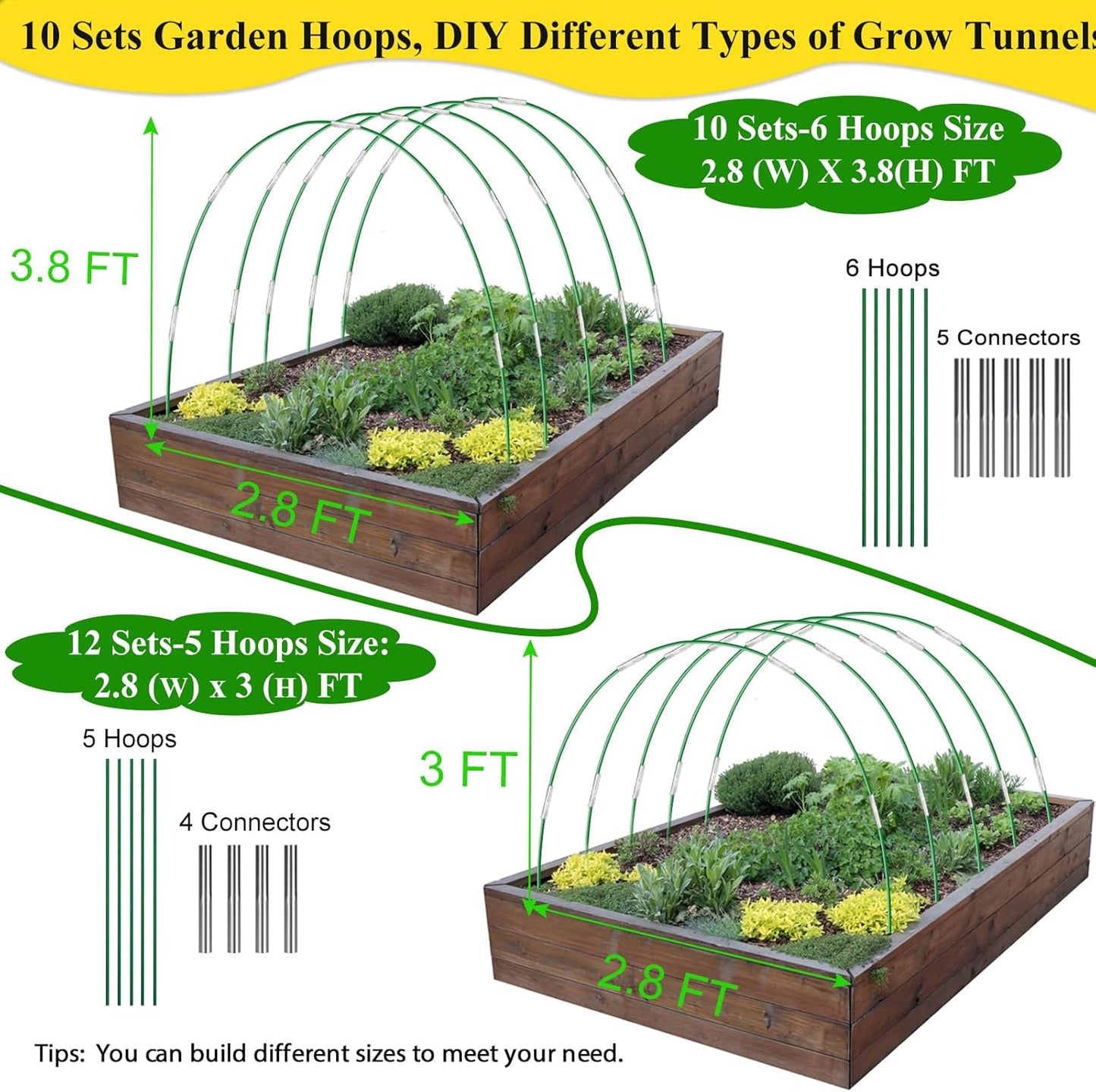 60Pcs Greenhouse Hoops Grow Tunnel Wide, 8FT Rust-Free Fiberglass Support Garden Hoops Kit for Raised Beds Plant Cloth Row Cover Netting-DIY Plant Support Garden Hoop for Netting-40Pcs Clips