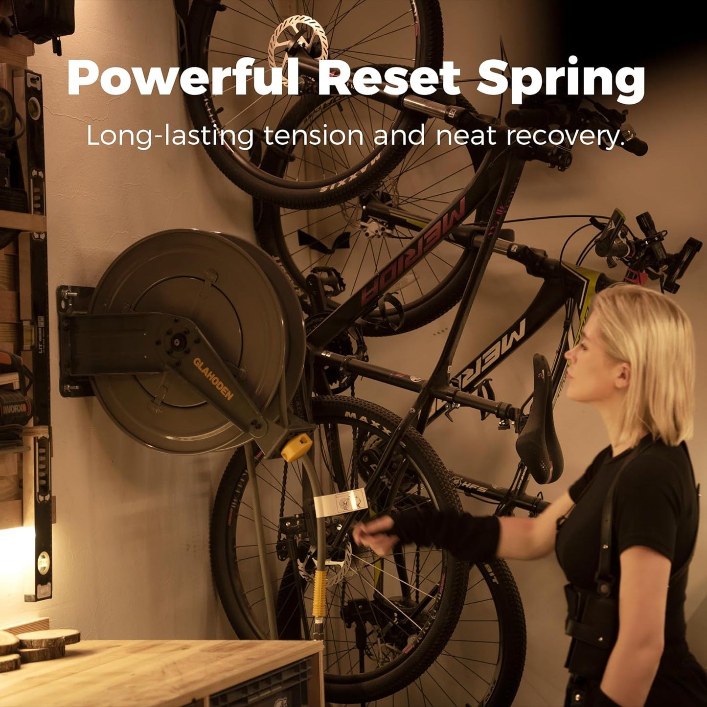 Double Arm Air Hose Reel 50 ft Retractable, 1/2 in Hybrid Hose Heavy Duty Steel Professional Air Compressor Hose Reel with 5 ft Lead in Max 300PSI Auto Rewind Quick Coupler Swivel Fitting