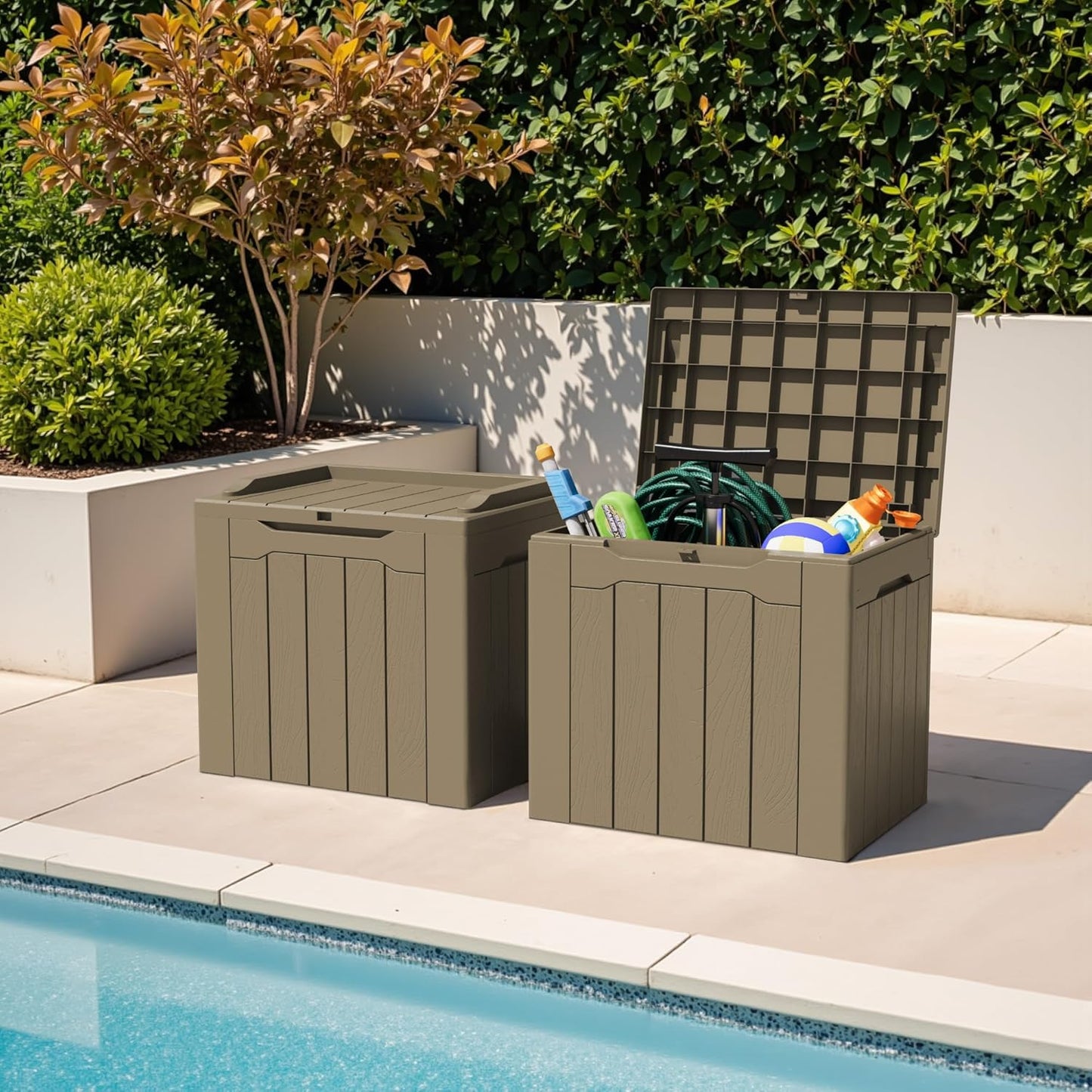Greesum 31 Gallon Deck Box for Outside, All Weather Outdoor Storage Boxes for Patio Furniture Set, Package Delivery Box, Garden Tools, Light Coffee(Set of 2)