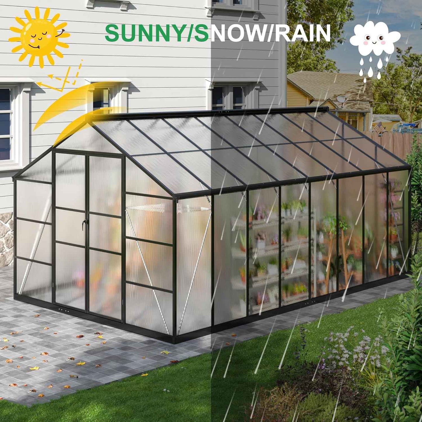 WKM 10x16 FT Greenhouse for Outdoors, Walk-in Polycarbonate Greenhouse with Roof Vent and Quick Setup Structure, Heavy Duty Green House for Outside Garden Backyard, Black