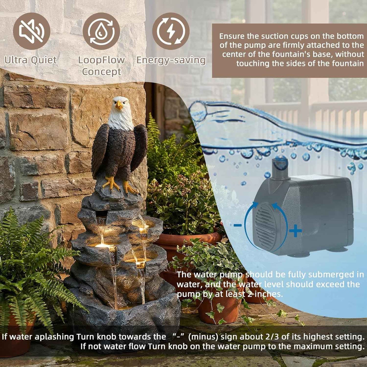 5 Tier Garden Fountain with Bald Eagle Statue, Outdoor Resin Water Feature with 4 LED Lights & Pump, Rock Cascading Waterfall Fountain for Patio Yard Porch Balcony and Home Art Decor