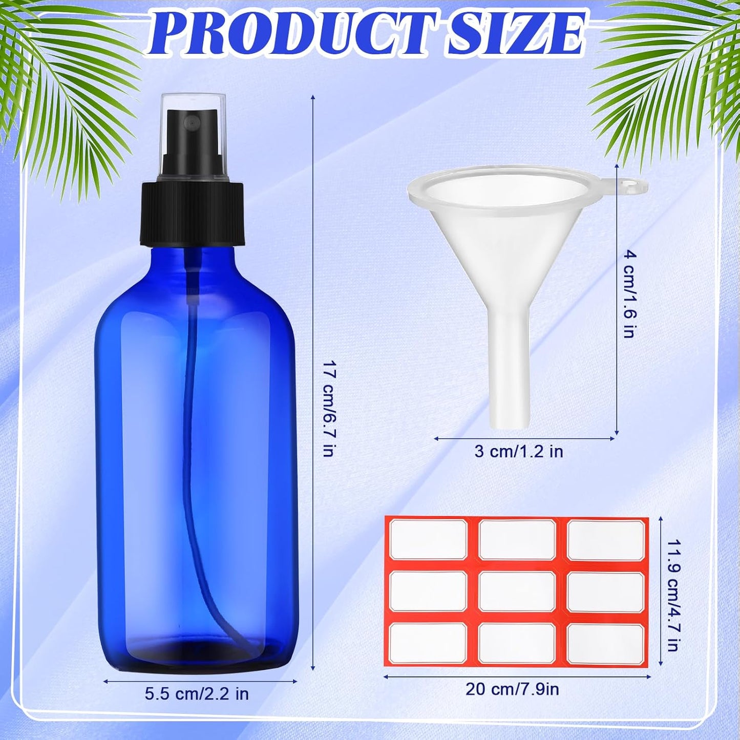 Norme 12 Pcs 8 oz Glass Spray Bottles with Funnels and Labels Refillable Cosmetic Empty Spray Bottles with Sprayer Containers for Essential Oil Cleaning Solutions(Blue,Stylish)