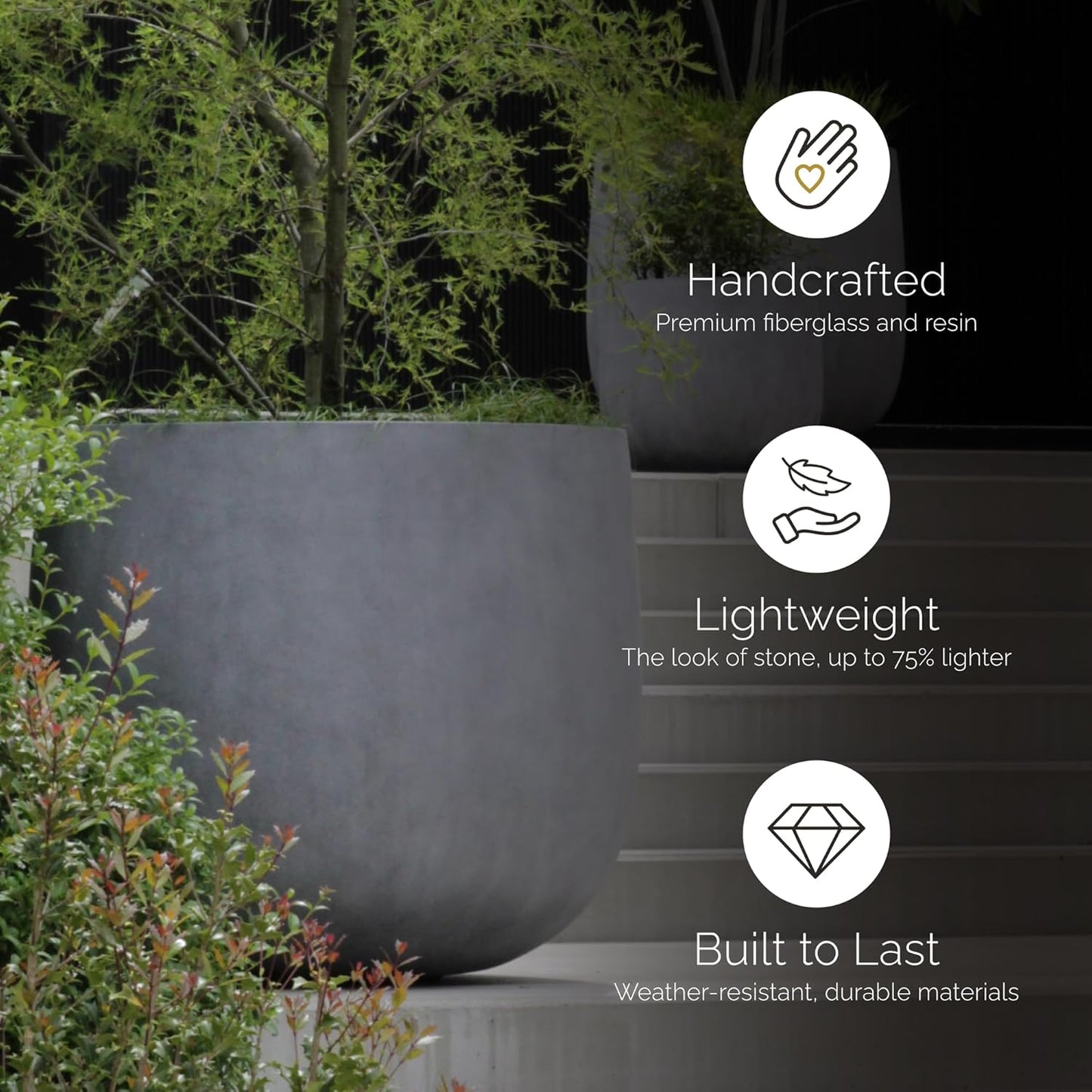 Mondo Large Planter – Sand Stone Finish – Fiberglass Indoor/Outdoor and Weather-Resistant Round Planter (26" D x 24" H Exterior, 24.6" D x 24" H Interior)