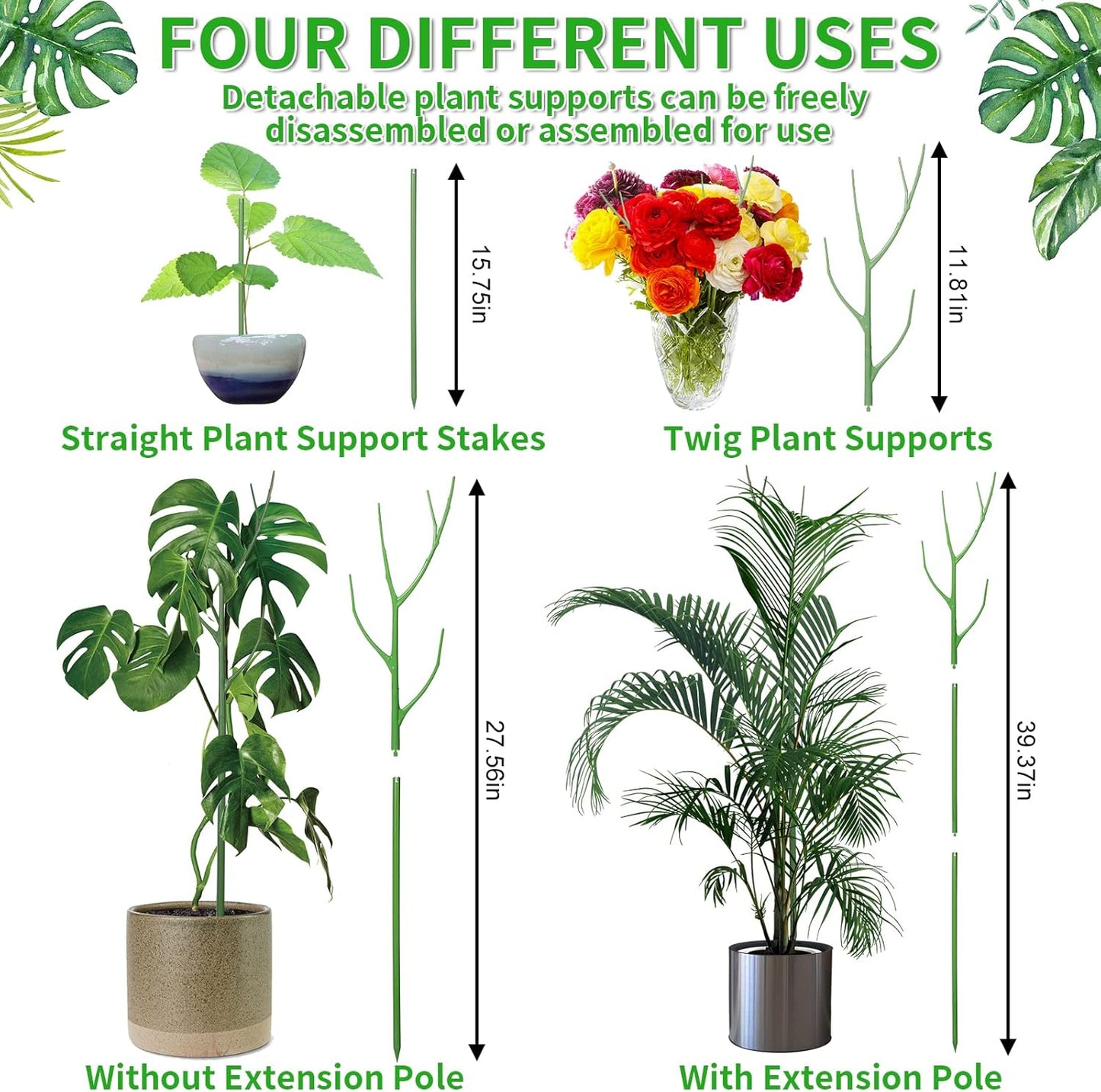 4 Pack 39.37" Detachable Twig Plant Support Stakes Set, Blends in to Plant, Branch Plant Sticks with Orchid Clips Twist Plant Ties, Twig Trellis for Indoor Outdoor Plants Potted Plants Flower