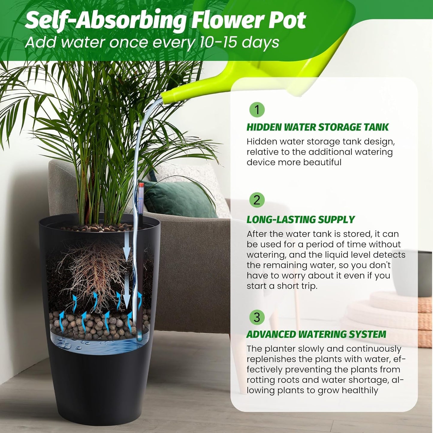 22" Tall Planter Set of 2, Self-Watering Pots, Large Plastic Flower Pots with Drainage & Water Level Monitor, Indoor Outdoor Use for Patio, Porch, Living Room, Office, White & Black