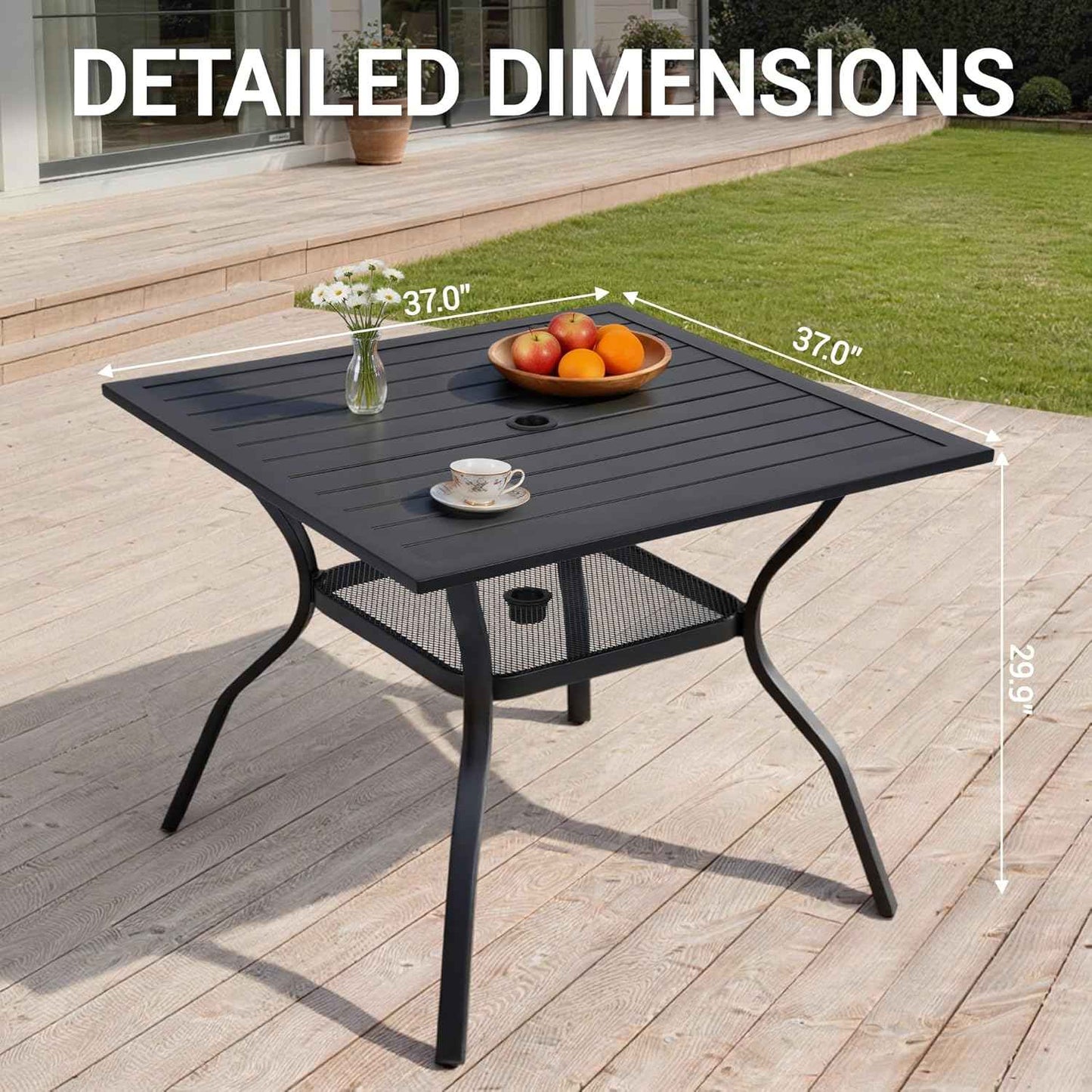 Outdoor Patio Dining Table for 4 People, 37" All-Weather Resistant Metal Square Table with Adjustable Umbrella Hole for Garden Backyard Porch Poolside, Black