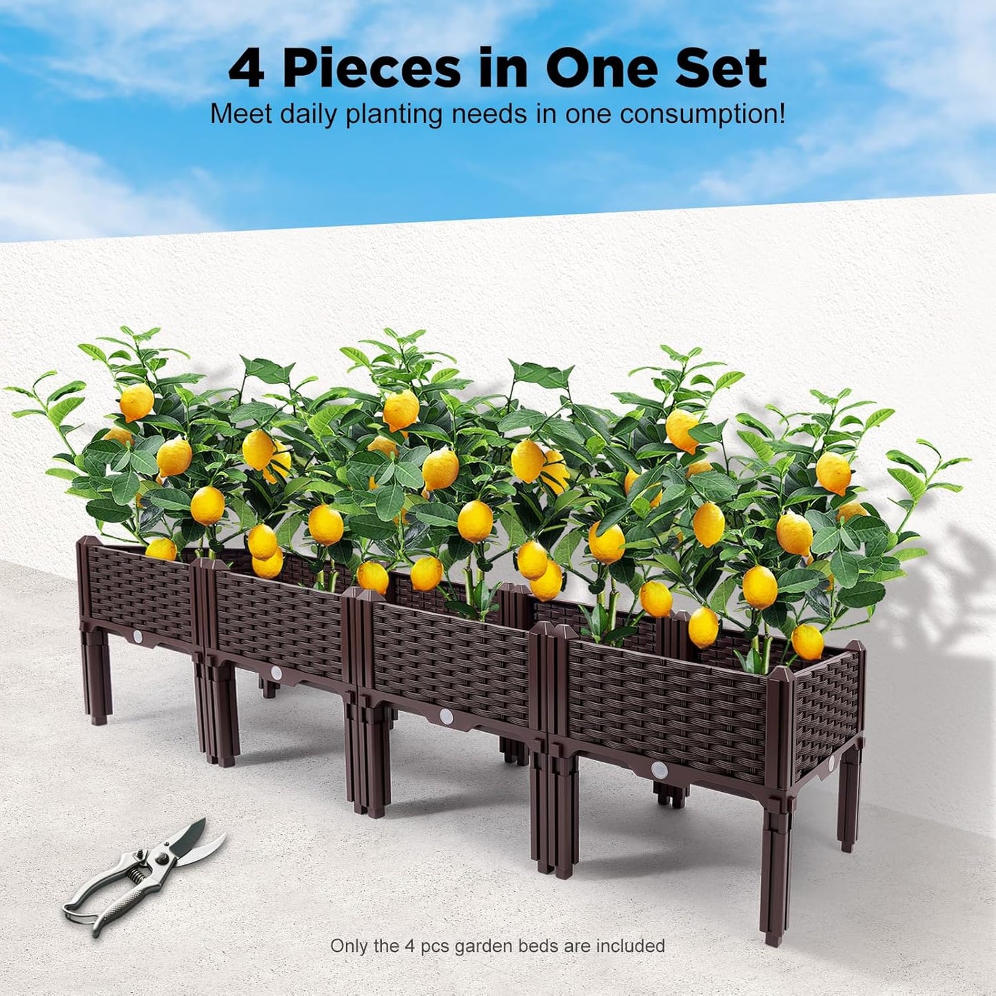 Raised Garden Bed, Elevated Planter Box Plastic Raised Beds with Legs & Drain Holes for Gardening Vegetables Herb Flowers Growing Outdoor, 4 Boxes Brown