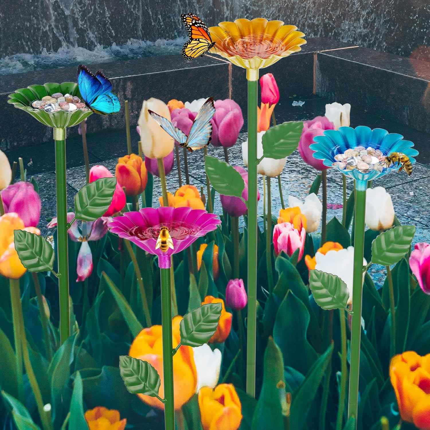 4 Pack Bee Watering Station, Bee Bath for Garden Metal Bee Water Feeder with Flower Design, Colorful Butterfly Bee Bath Bowl for Outdoor Garden Yard Decor (Red,Green,Blue,Yellow)