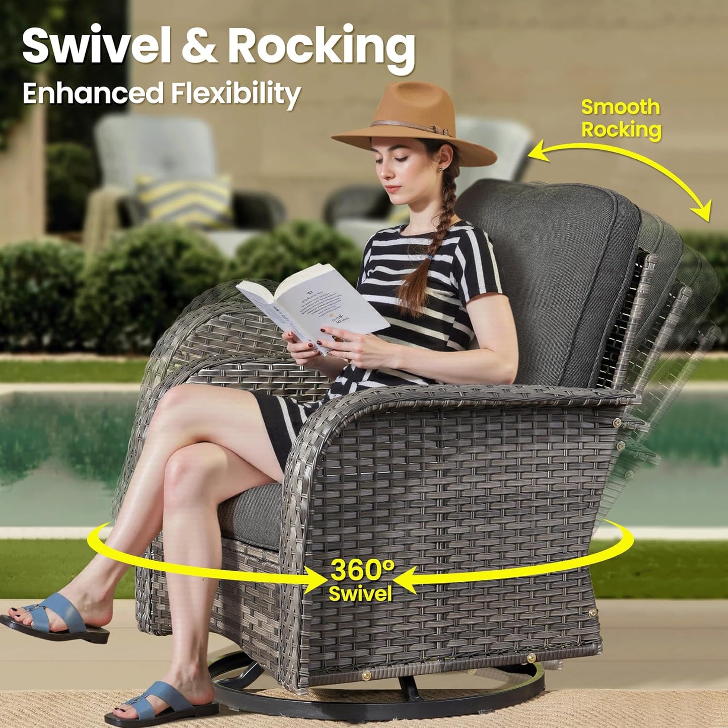 ovios 5 Pieces Patio Furniture Set, Outdoor Wicker Sofa with Swivel Chairs, Coffee Table, All Weather High Back Rattan Loveseat Couch with Comfy Cushions, Black