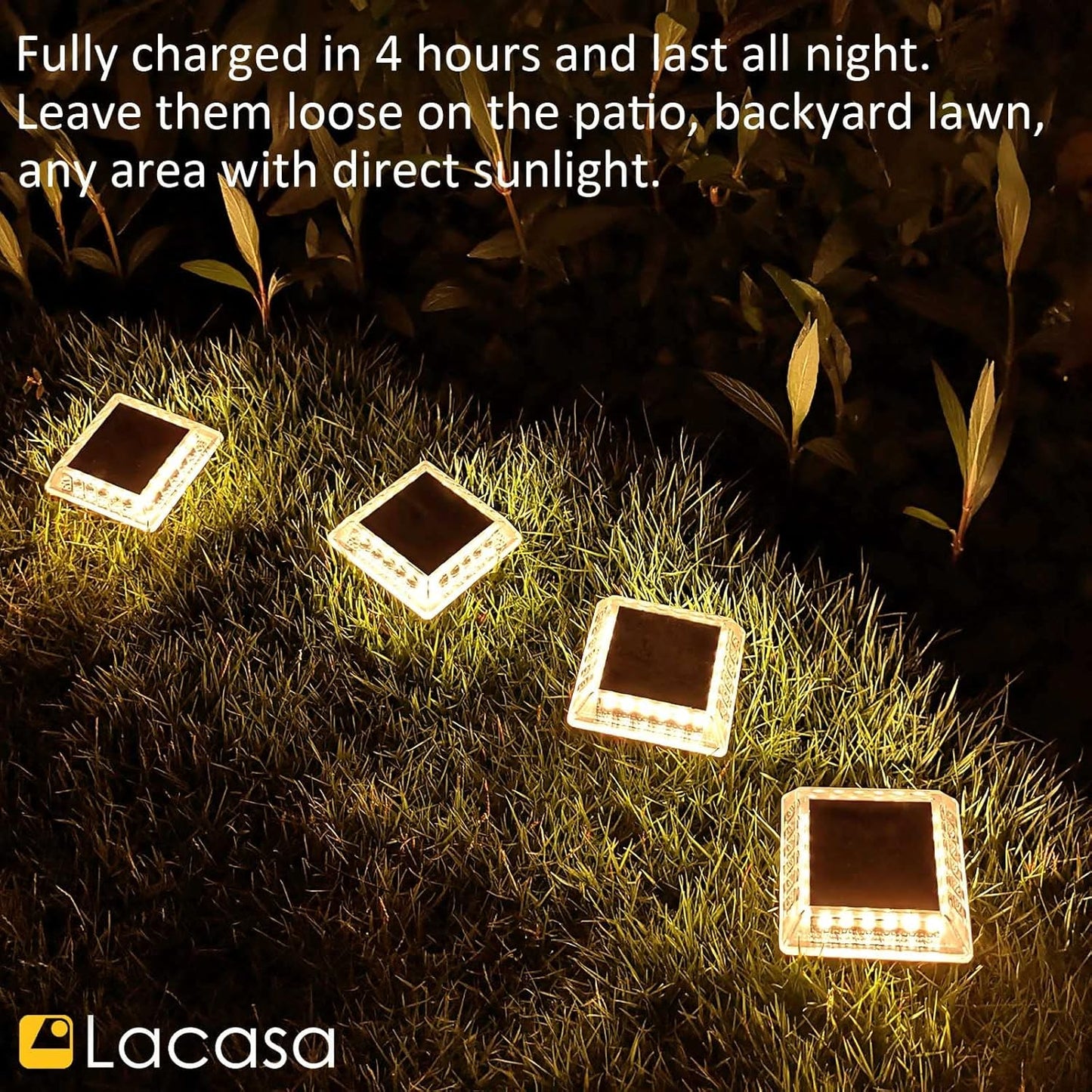 Lacasa Solar Deck Lights, 4 Pack 30LM LED Dock Light Warm White 2700K, Outdoor Solar Powered Step Light Up All Night IP68 Waterproof Auto ON/Off for Garden Stairs Driveway Pathway