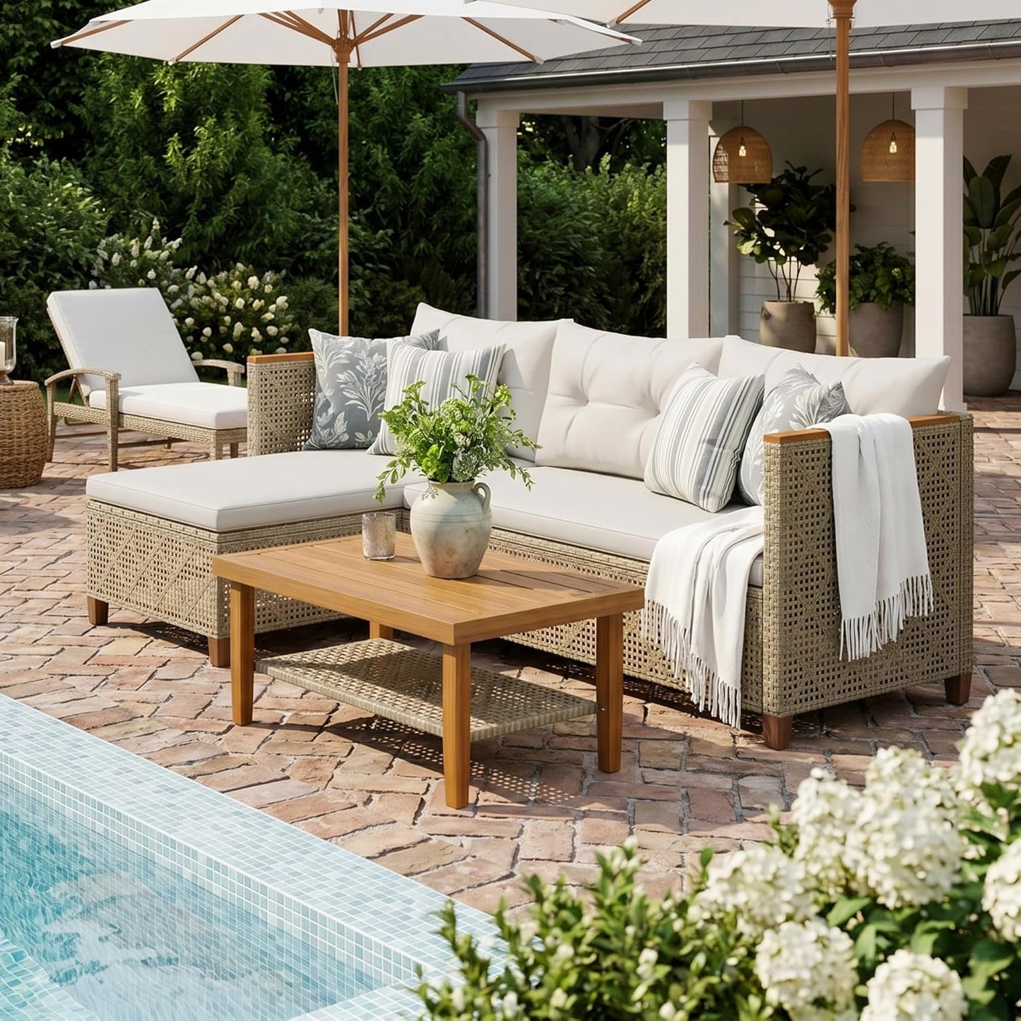 Devoko Wicker Patio Furniture Set, 3 Pieces Outdoor Sofa with Tufted Pillow,PE Rattan Small Sectional Couch Set for Backyard, Deck,Porch & Poolside(Brown)
