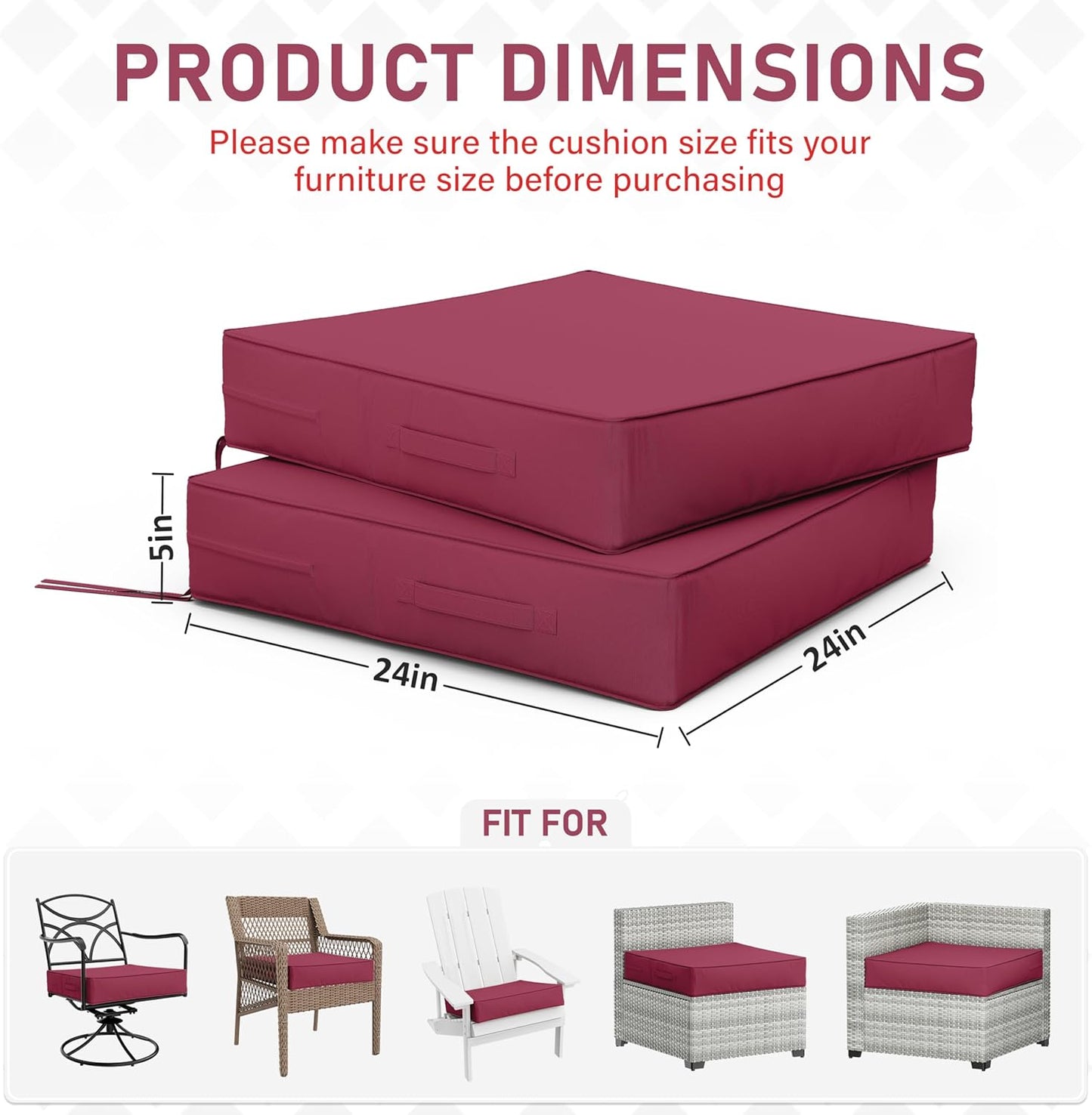 Patio Chair Cushions 24 X 24 X 5 Inch Waterproof Outdoor Seat Cushions for Patio Furniture, Outdoor Sofa Couch Pads with Ties & Handle, Set of 2, Fuchsiared