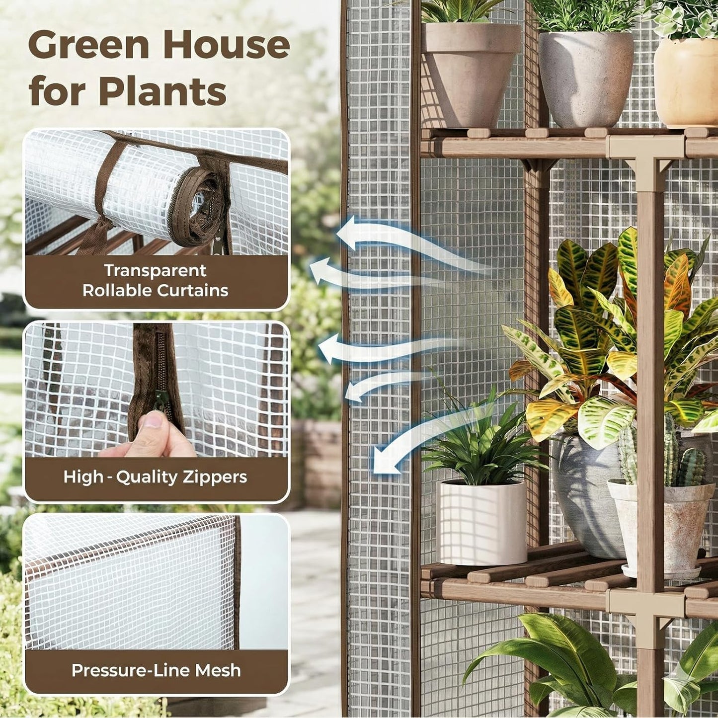 Bamworld Greenhouse Indoor Outdoor 62.2“ Tall Green House Cover Large Invernadero Tiered Stand for Multiple Display Wood Planter Holder for Living Room Garden Balcony Patio Decor
