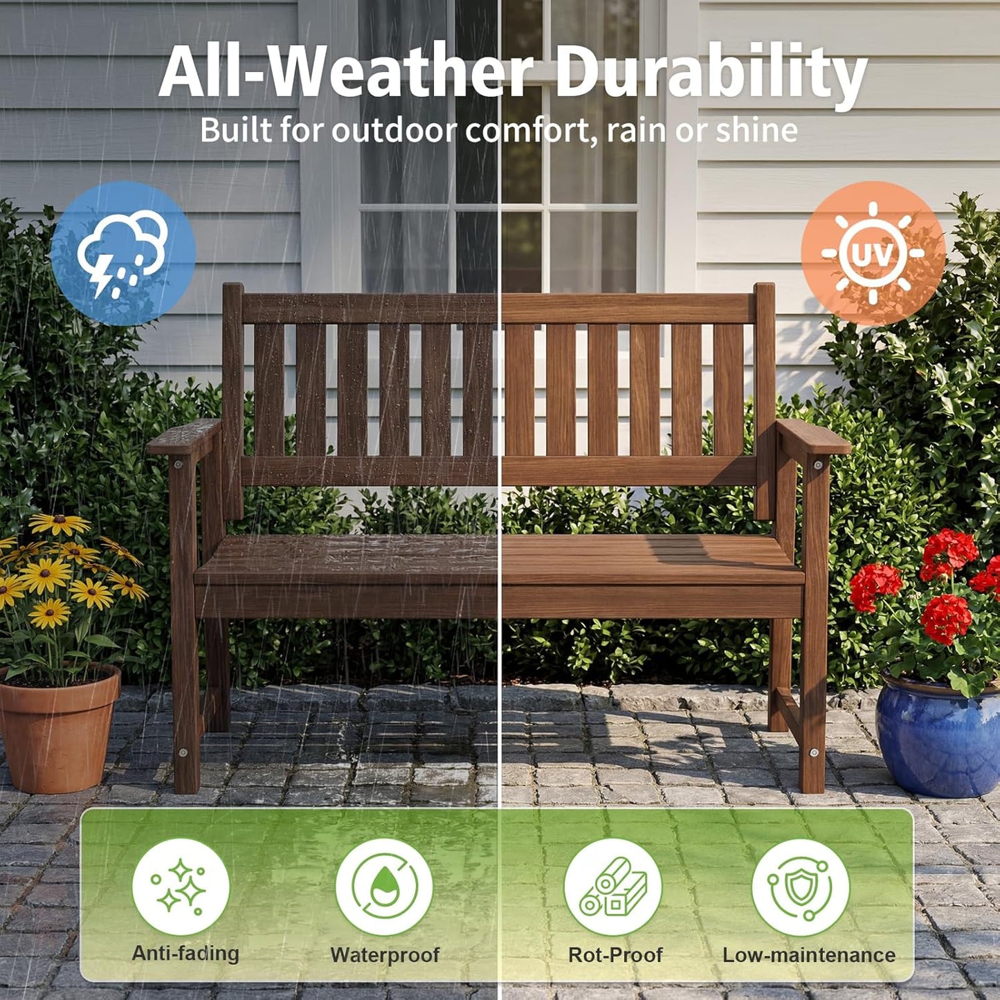 Outdoor Bench, 2-Person Garden Bench, Poly Lumber Patio Bench for Outdoors, Porch, and Park (Brown)