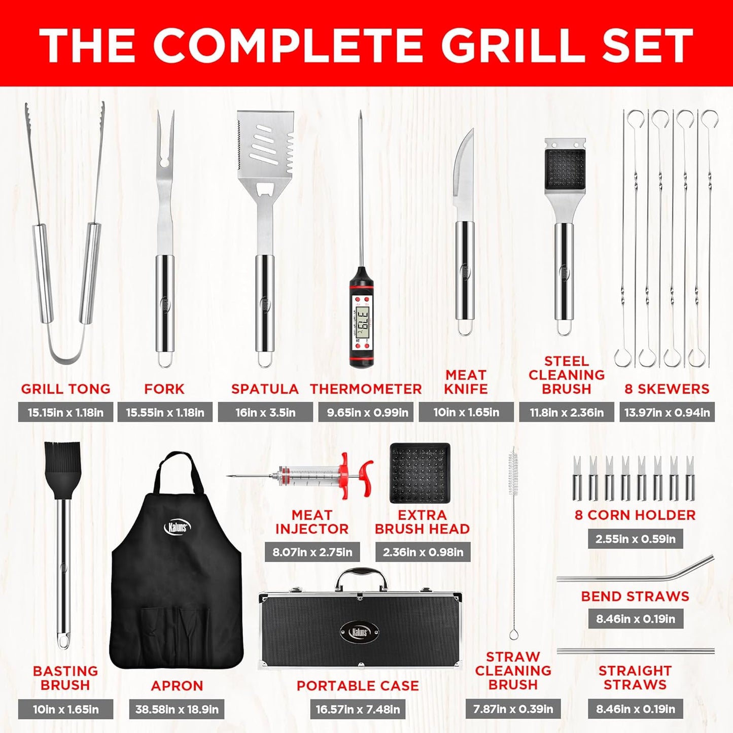 Kaluns Grilling Accessories, Dad Gifts for Christmas Grilling Gifts, Heavy Duty Stainless Steel Grill Set BBQ Grill Accessories for Outdoor Grill with Aluminum Case and Apron, Best Gifts for Men Dad