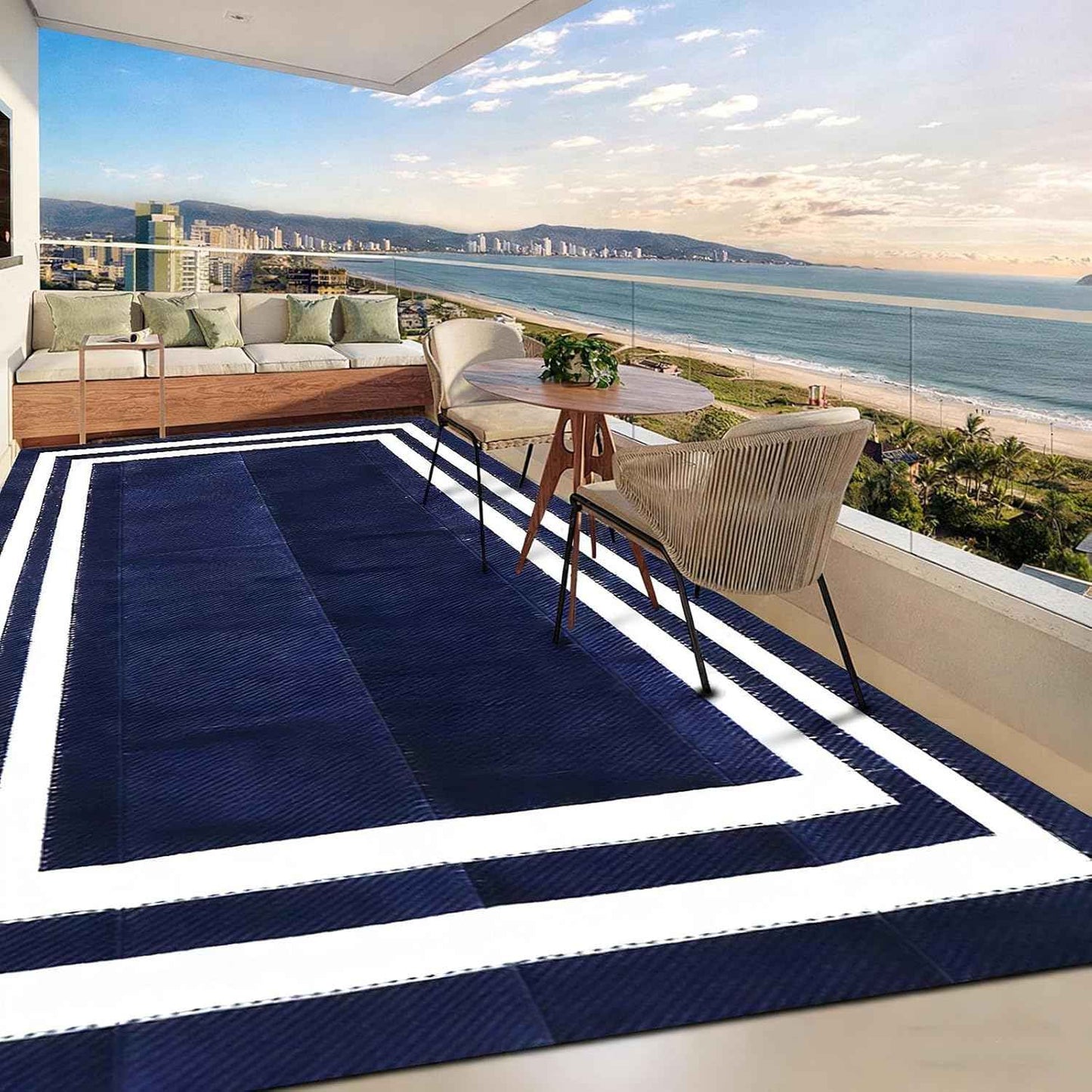 5'x 8' Outdoor Rug,Waterproof Reversible Patio Rugs,5x8 ft Plastic Straw Outdoor Carpet Foldable Plastic Camping Mat for Outside RV, Patio,Picnic,Camper,Balcony,Porch(Navy Blue &White)