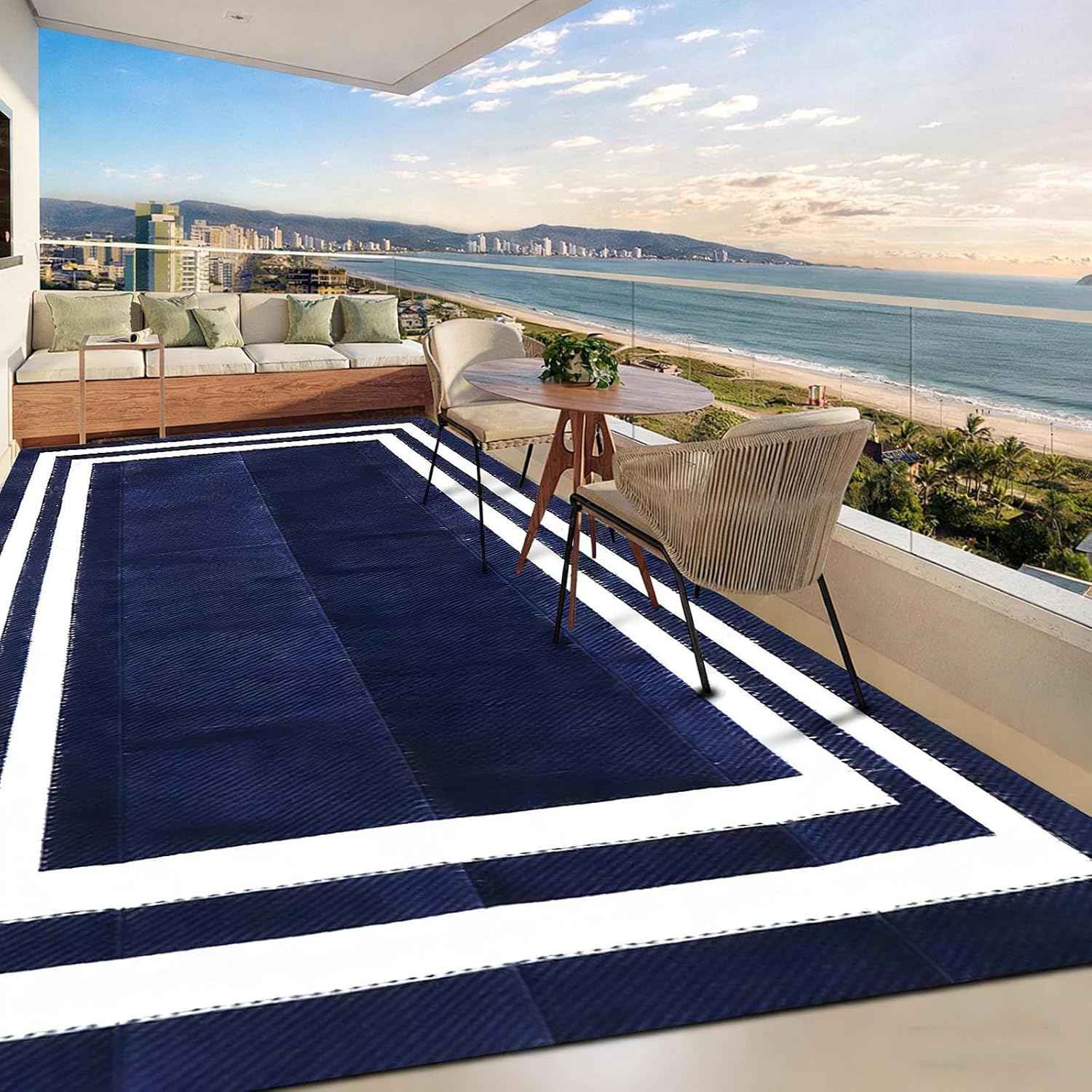 5'x 8' Outdoor Rug,Waterproof Reversible Patio Rugs,5x8 ft Plastic Straw Outdoor Carpet Foldable Plastic Camping Mat for Outside RV, Patio,Picnic,Camper,Balcony,Porch(Navy Blue &White)