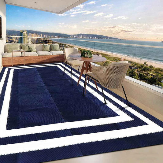 5'x 8' Outdoor Rug,Waterproof Reversible Patio Rugs,5x8 ft Plastic Straw Outdoor Carpet Foldable Plastic Camping Mat for Outside RV, Patio,Picnic,Camper,Balcony,Porch(Navy Blue &White)