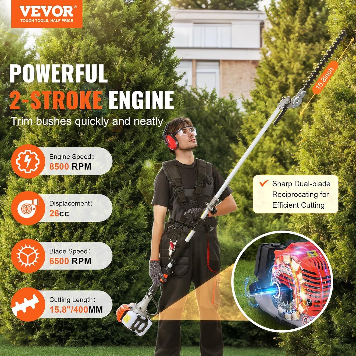 VEVOR Gas Hedge Trimmer 2 Cycle with Extension Pole, 15.7-inch 26cc Gas Powered Pole Hedge Trimmer with Dual Sided Dual Action Blade, Great for Trimming Shrubs, Bushes, w/EPA, CE and EMC Certification