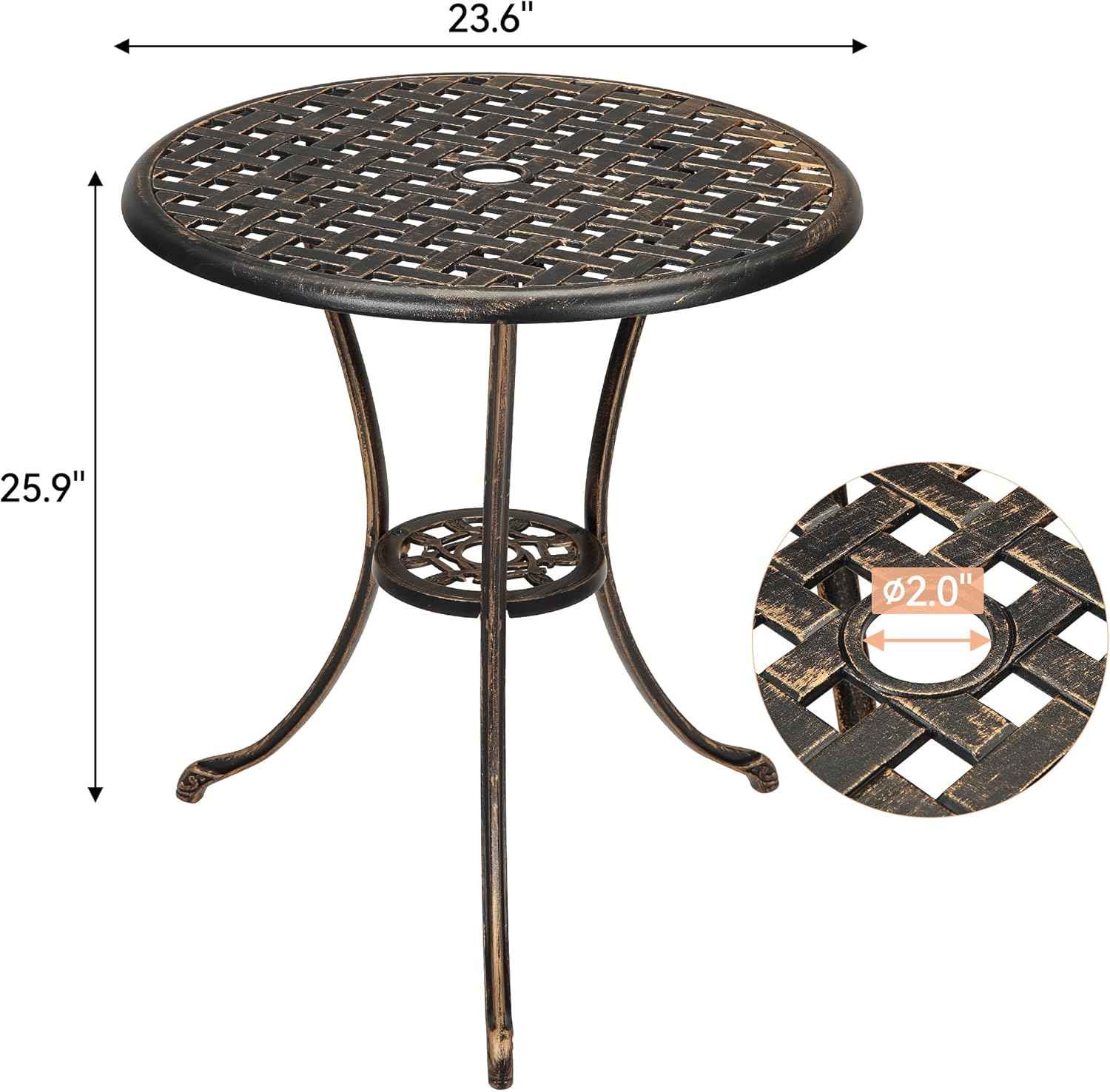 GarveeHome Patio Bistro Table, 24" Round Outdoor Coffee Table with 2" Umbrella Hole, Outdoor Cast Aluminum Bistro Table Side Table with Iron Frame for Balcony Backyard Lawn and Garden, Rustic Brown